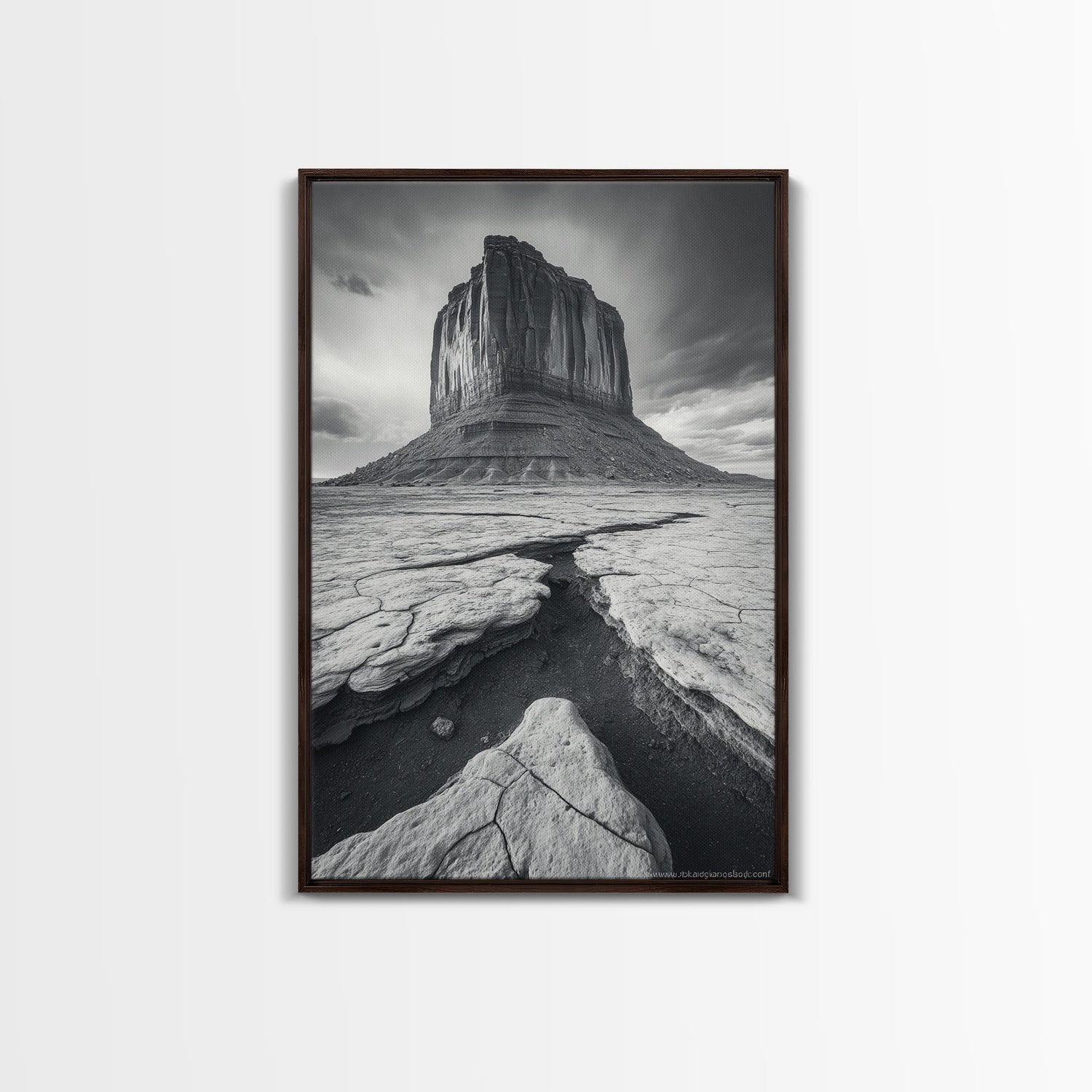 Monument Valley Cliff, Desert Rockscape, Framed Canvas Print, Western Wall Art, Office Decor, Black and White Photography