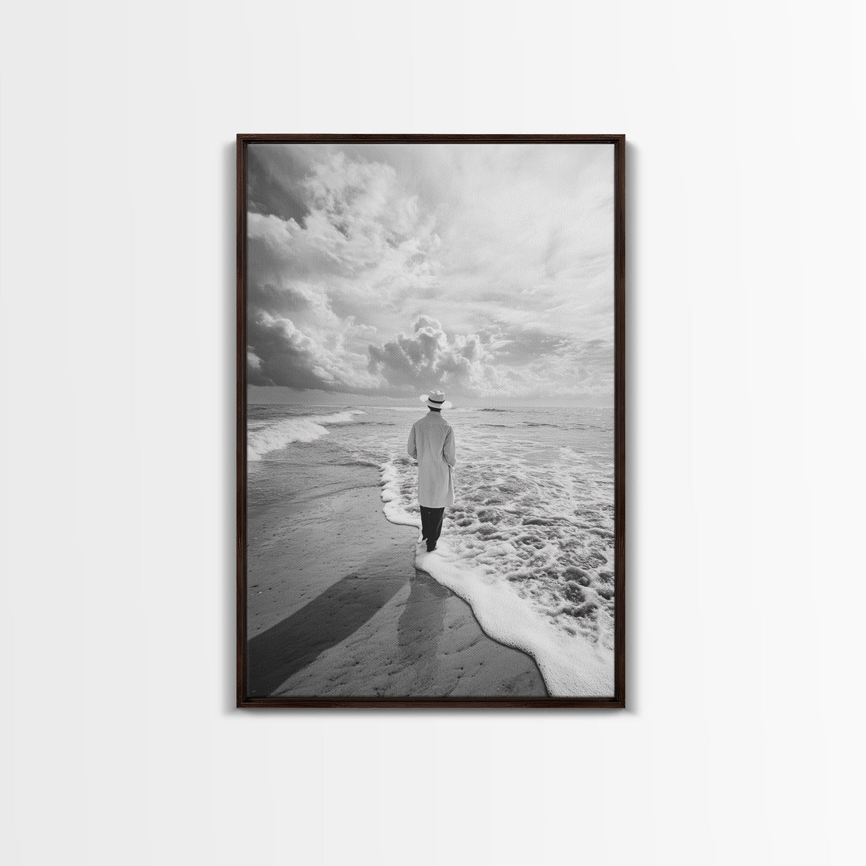 Man On Shore, Thoughtful Walk, Ocean Wanderer, Framed Canvas Print, Minimalist Fall Art, Bedroom Decor, Moody Coastal Scene