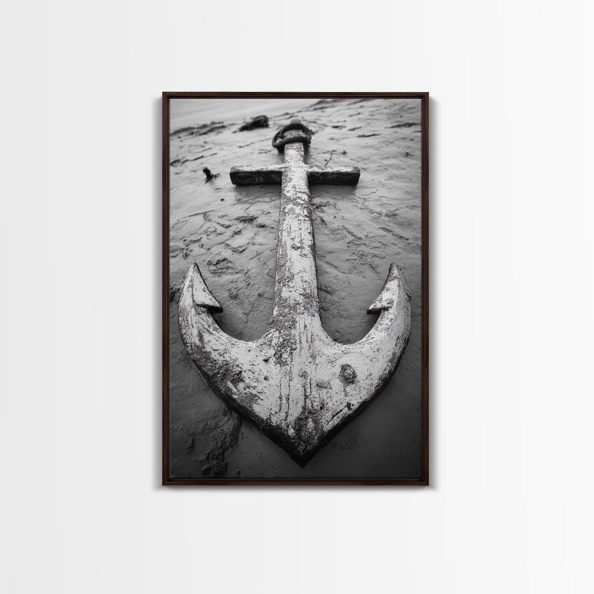 Abandoned Anchor, Nautical Decor, Black White Beach, Framed Canvas Print, Rustic Coastal Wall Art, Entryway Nautical Accent