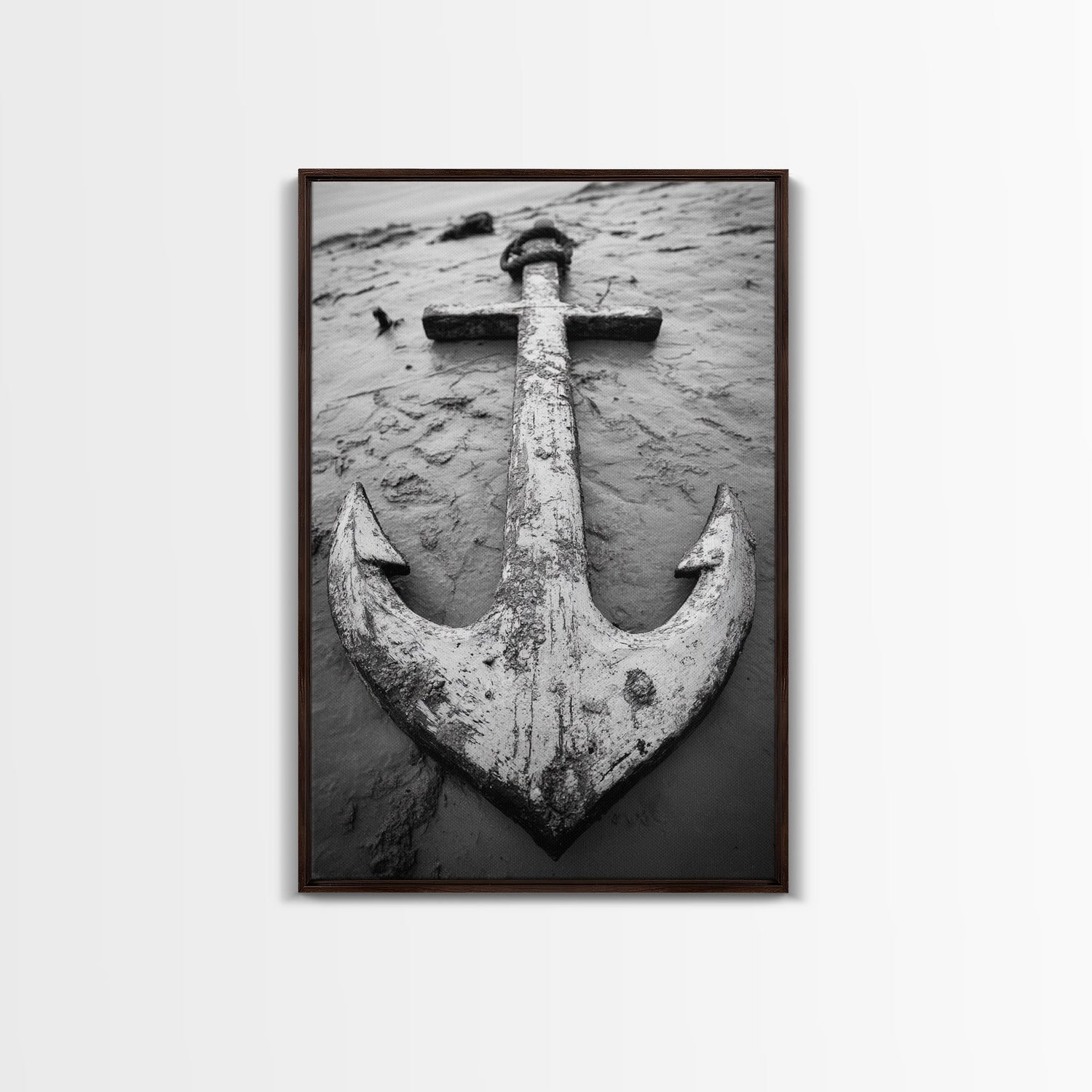 Abandoned Anchor, Nautical Decor, Black White Beach, Framed Canvas Print, Rustic Coastal Wall Art, Entryway Nautical Accent