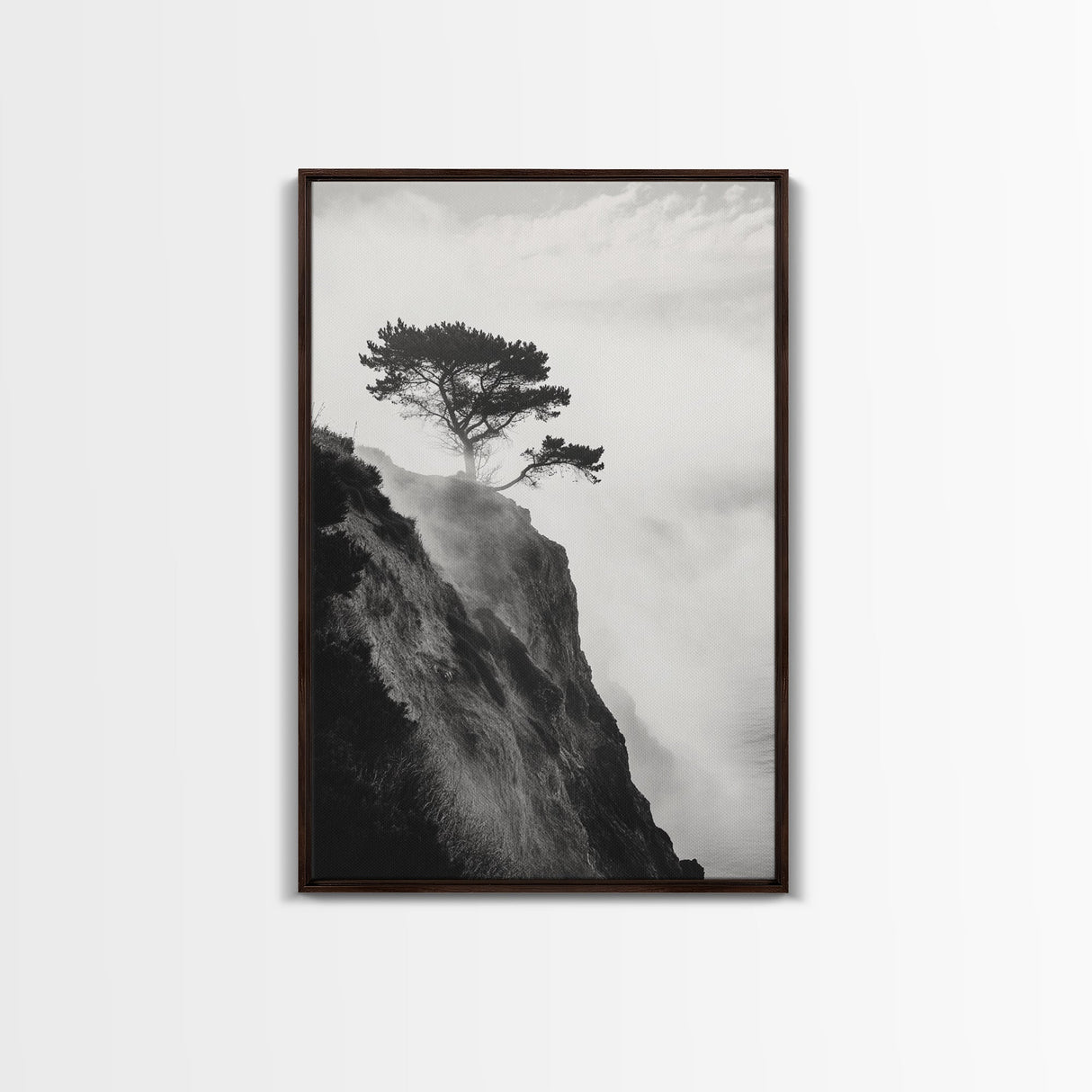Lone Cliff Tree, Foggy Landscape, Nature Wall Decor, Framed Canvas Print, Minimalist Tree Art, Tranquil Living Room Wall Art