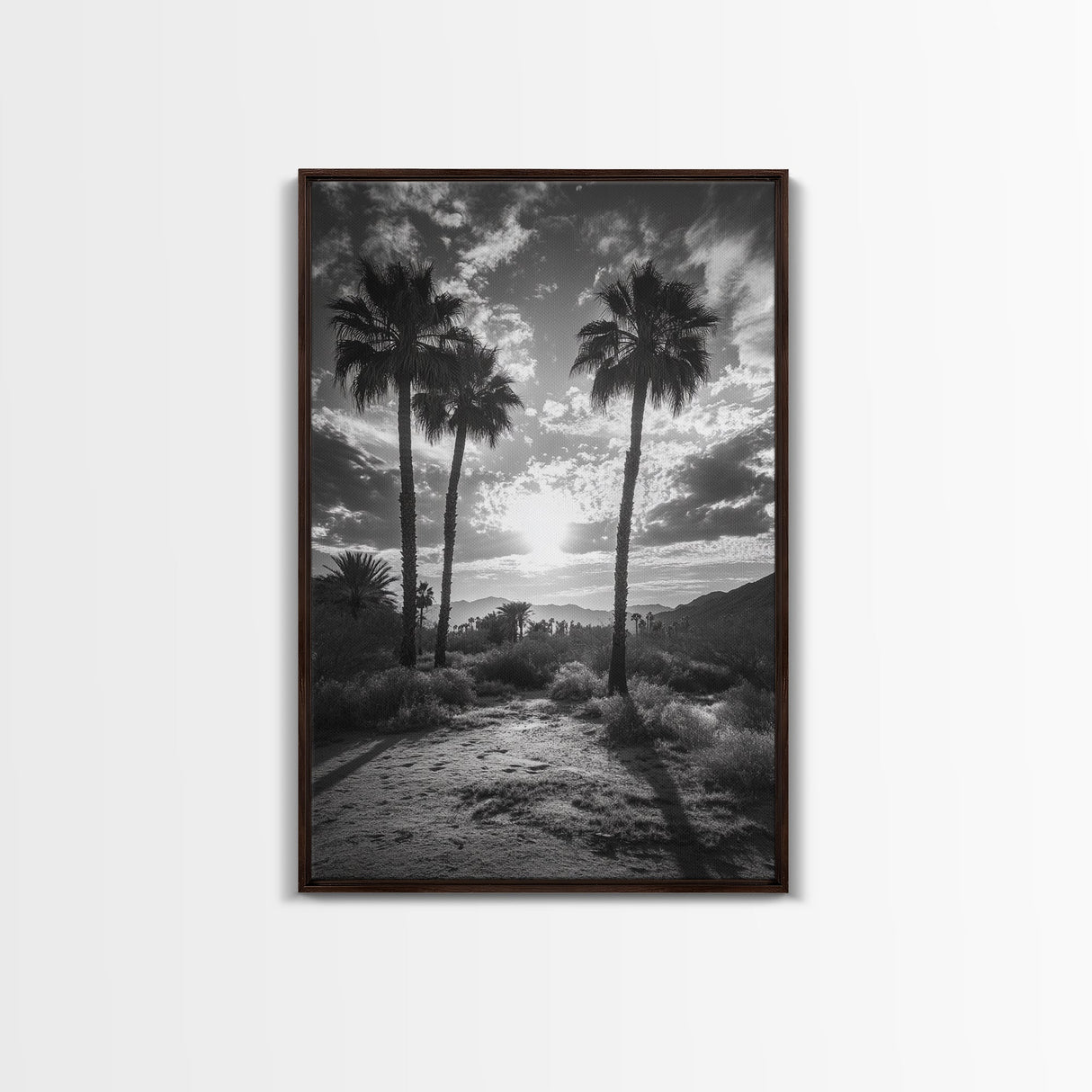 Palm Sunset, Desert Light, Silhouetted Trees, Framed Canvas Print, Tropical Boho Wall Art, Sunset Living Room Decor, Moody Nature Style