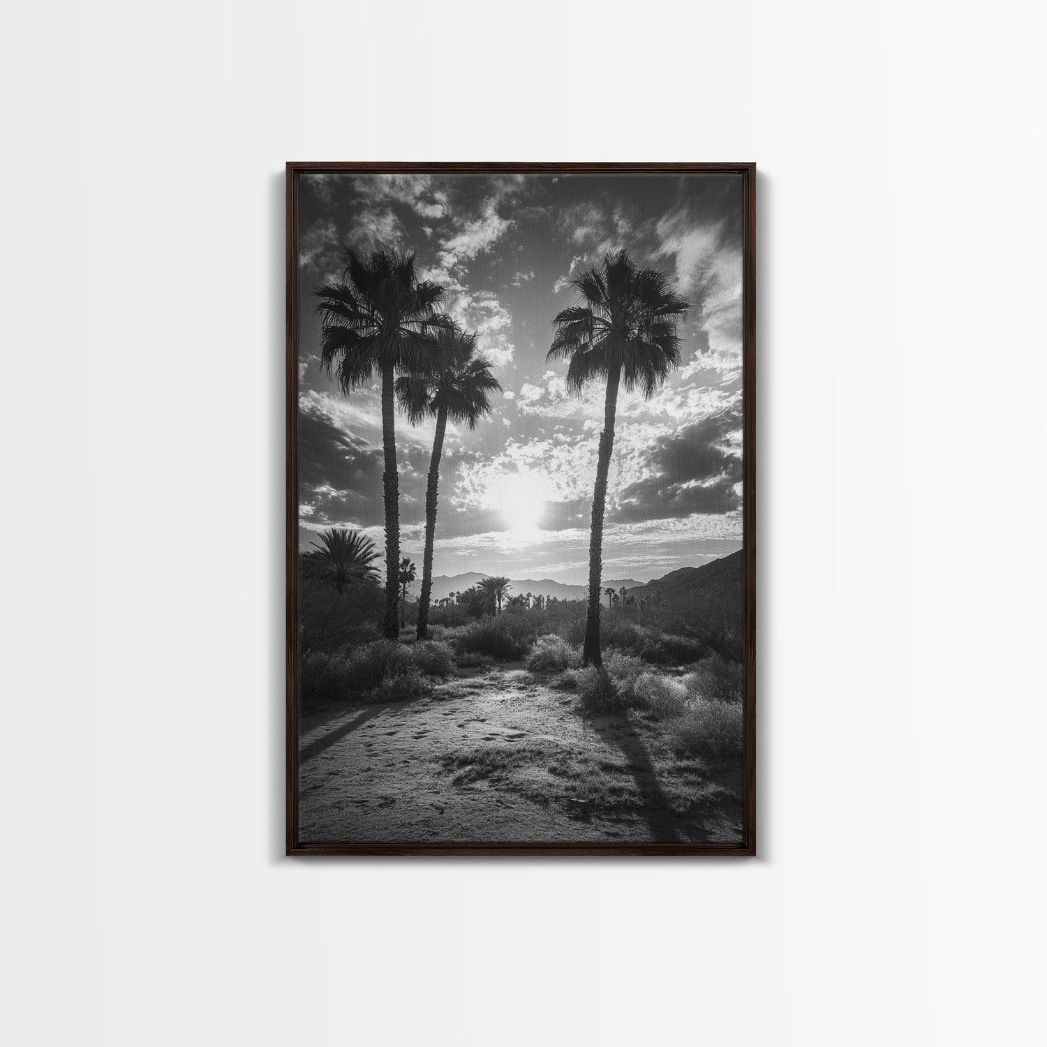Palm Sunset, Desert Light, Silhouetted Trees, Framed Canvas Print, Tropical Boho Wall Art, Sunset Living Room Decor, Moody Nature Style
