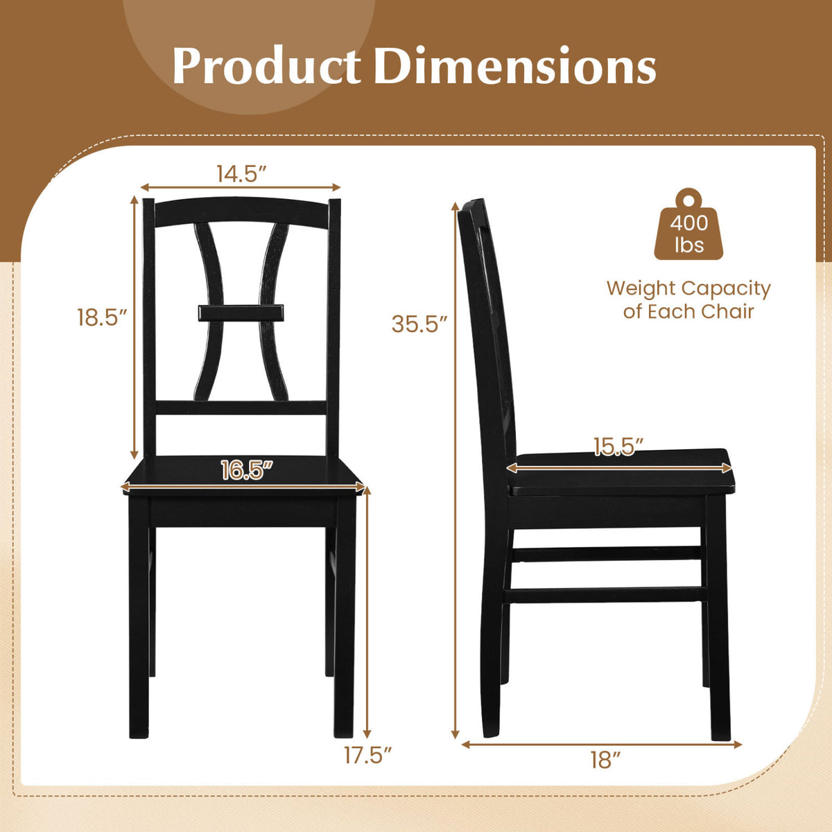 400 lbs Capacity Dining Chair Set of 2 with Cross Backrest and Rubber Wood Frame