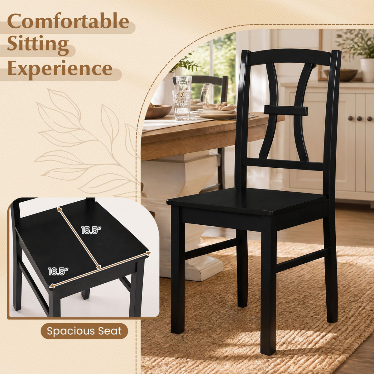 400 lbs Capacity Dining Chair Set of 2 with Cross Backrest and Rubber Wood Frame