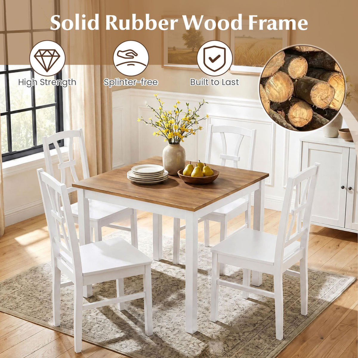 400 lbs Capacity Dining Chair Set of 4 with Cross Backrest and Rubber Wood Frame