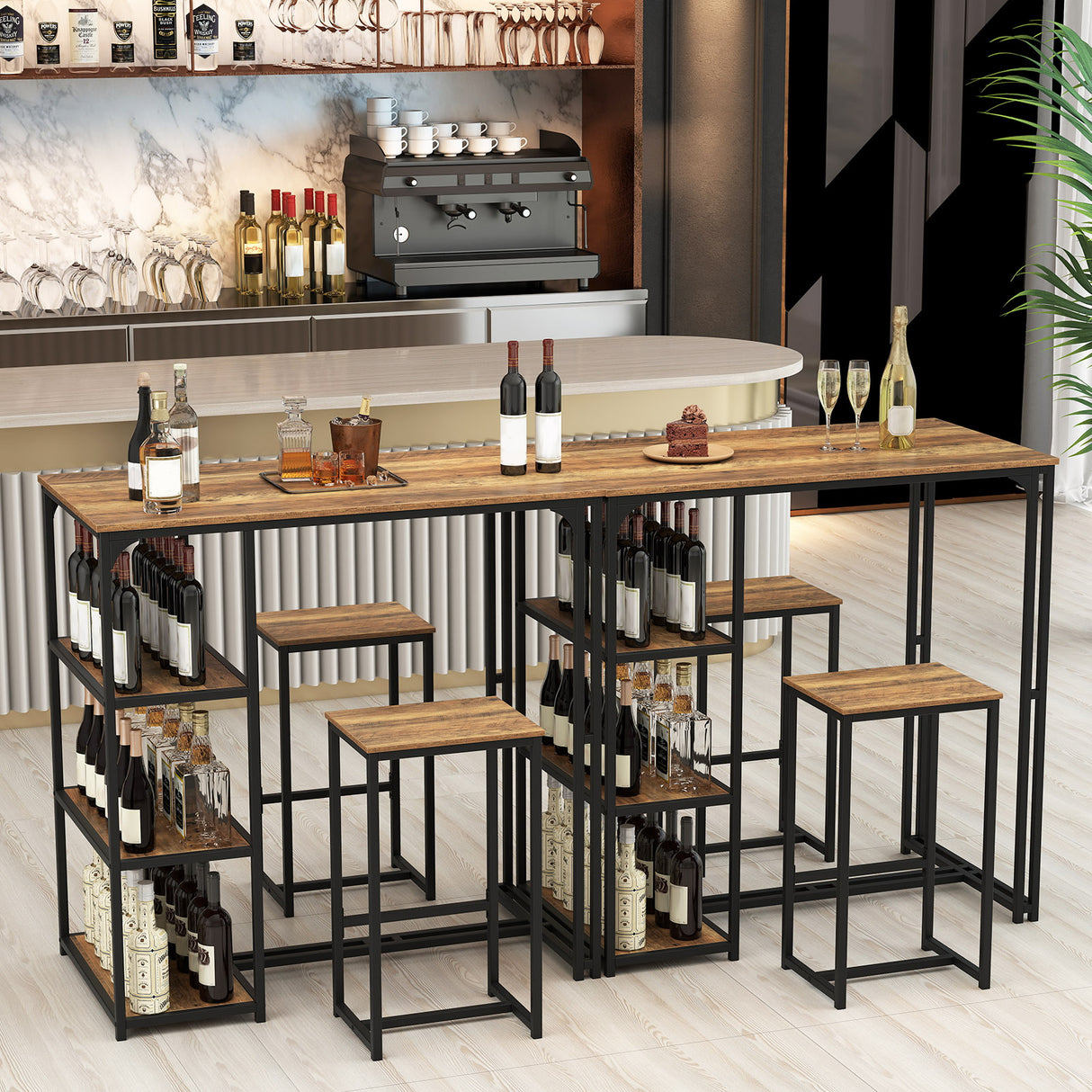 3-Piece Bar Table Set for 2 Bar-Height Dining Table with 2 Stools-Rustic Brown