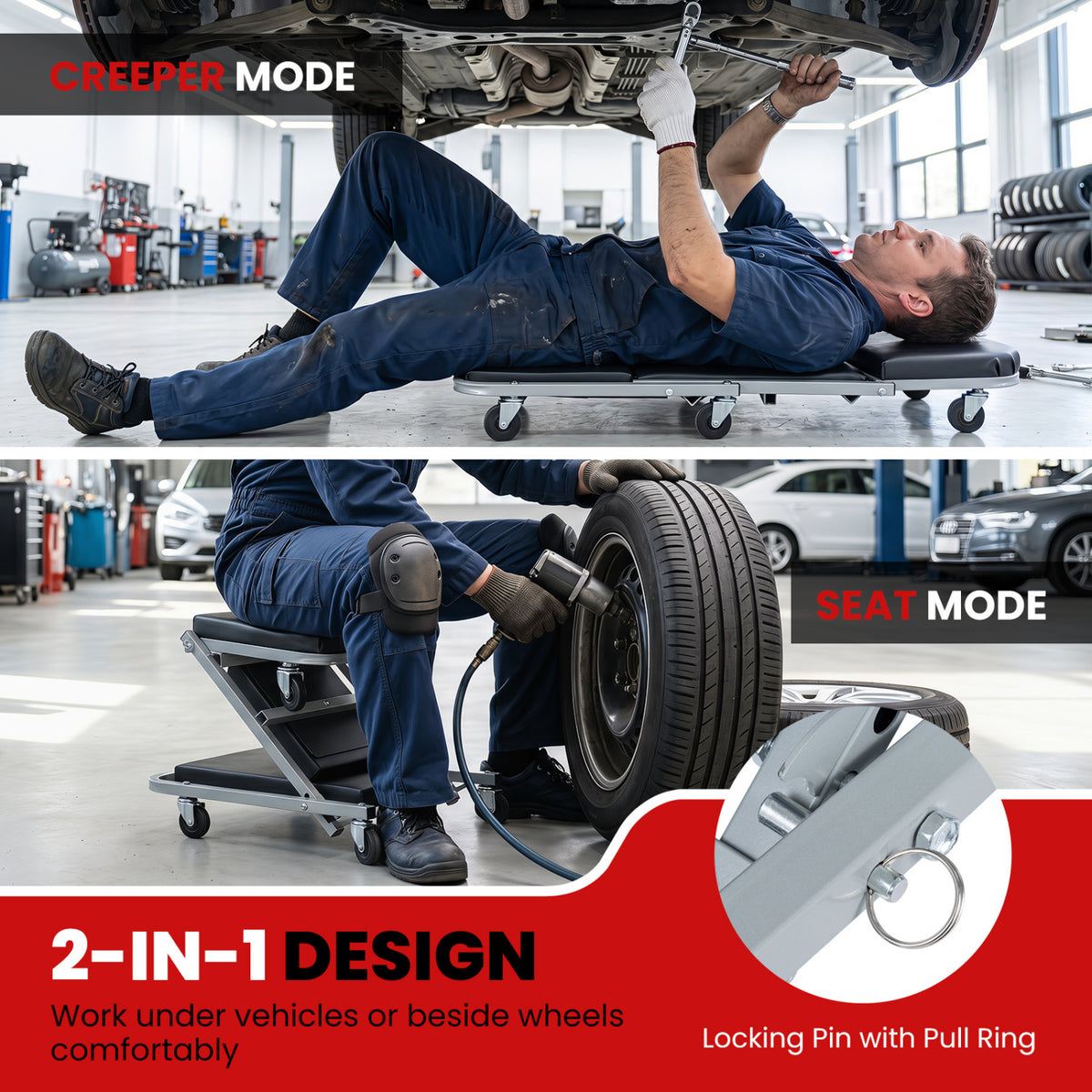 40" 2-in-1 Mechanic Creeper & Z-Seat with 6 Swivel CastersBlack