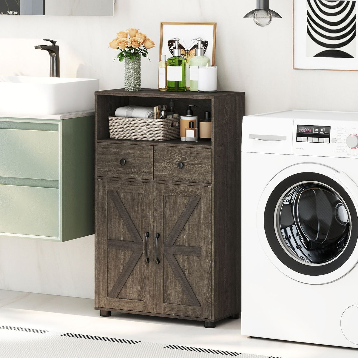 40" Bathroom Storage Cabinet with Drawers and Removable Shelf-Oak