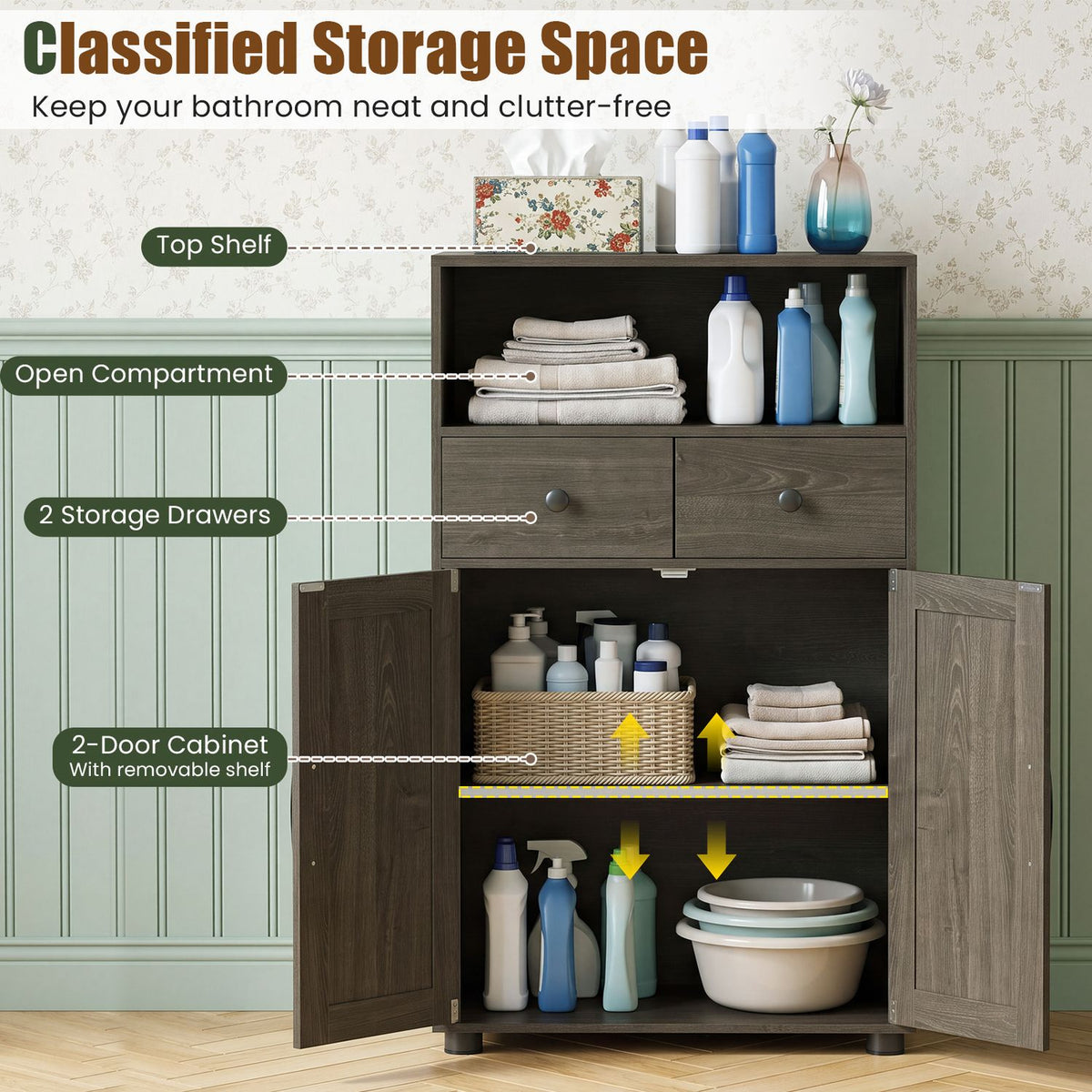 40" Bathroom Storage Cabinet with Drawers and Removable Shelf-Oak