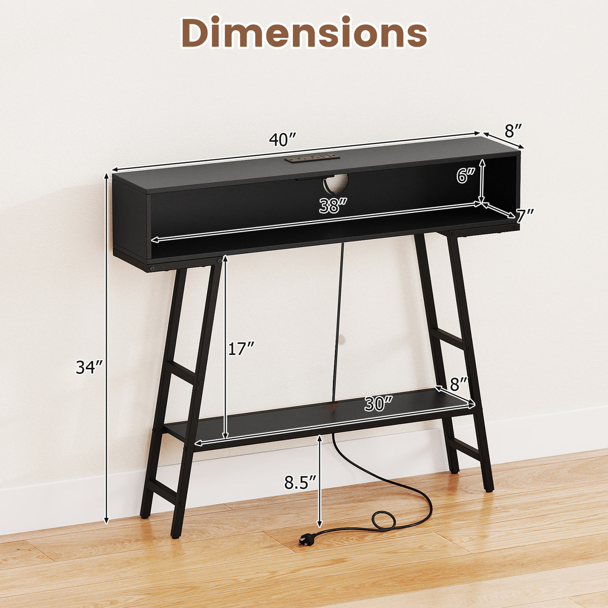 40" Console Table with Charging Station and LED Lights