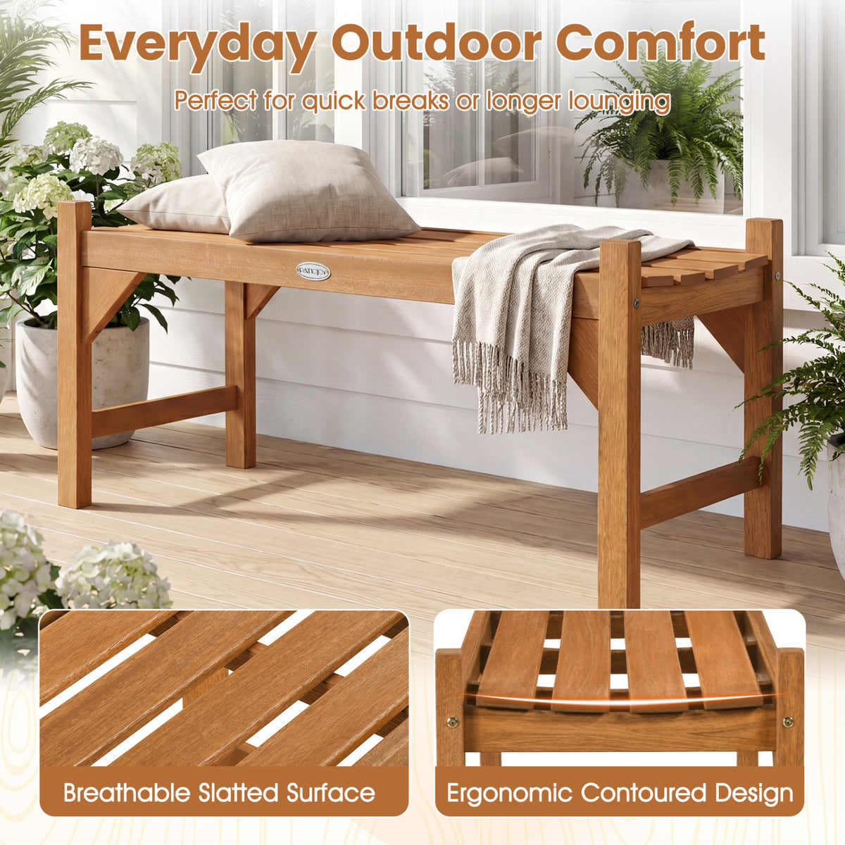 Outdoor Bench with Slatted Contoured Seat for Deck Entryway-Set of 2