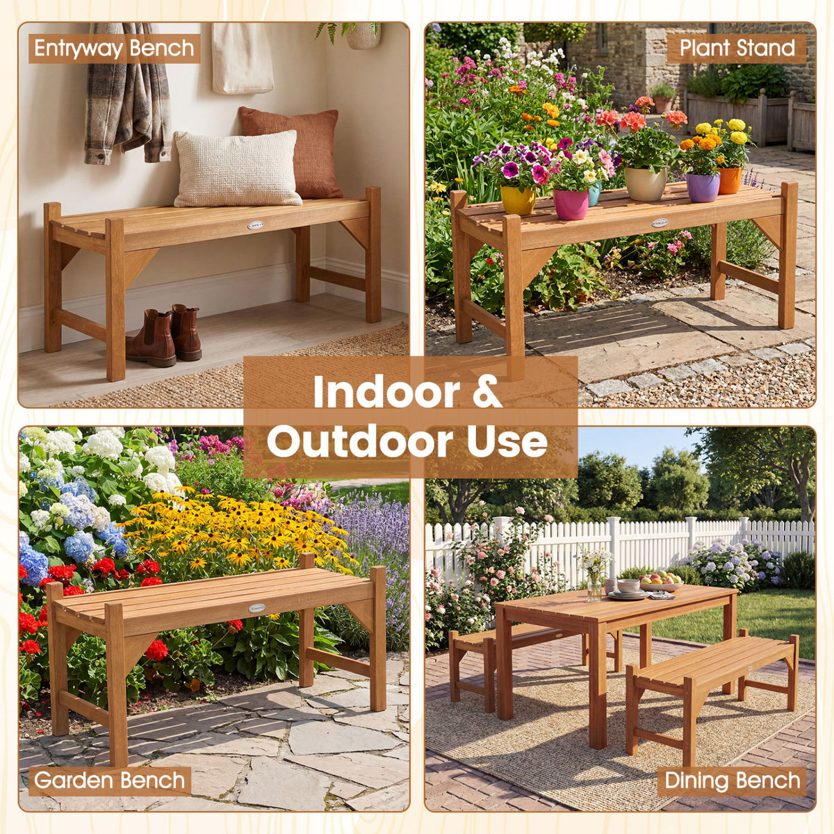 Outdoor Bench with Slatted Contoured Seat for Deck Entryway-Set of 2