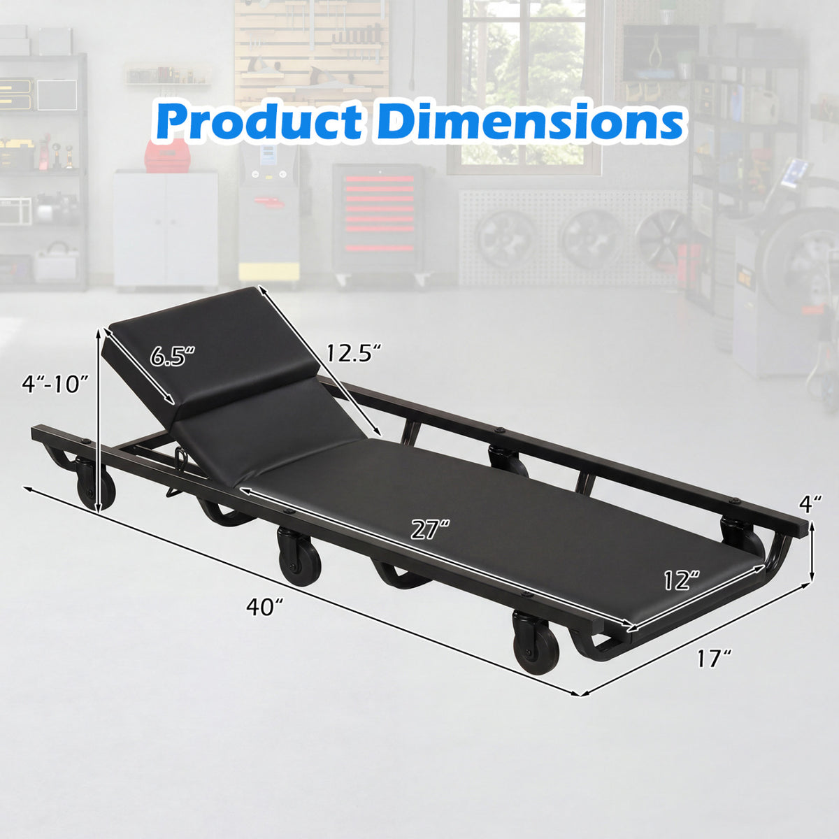 Rolling Creeper Padded Mechanic Cart with Adjustable Backrest and Headrest