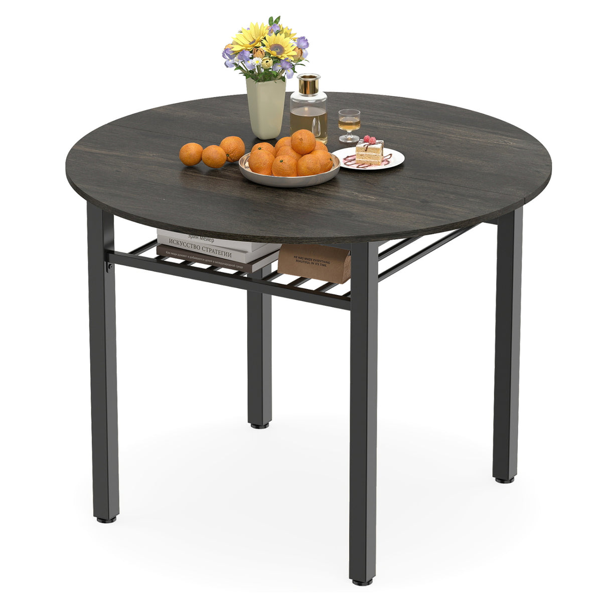 40â Round Kitchen Table with Storage Shelf and Metal Frame for 4 People