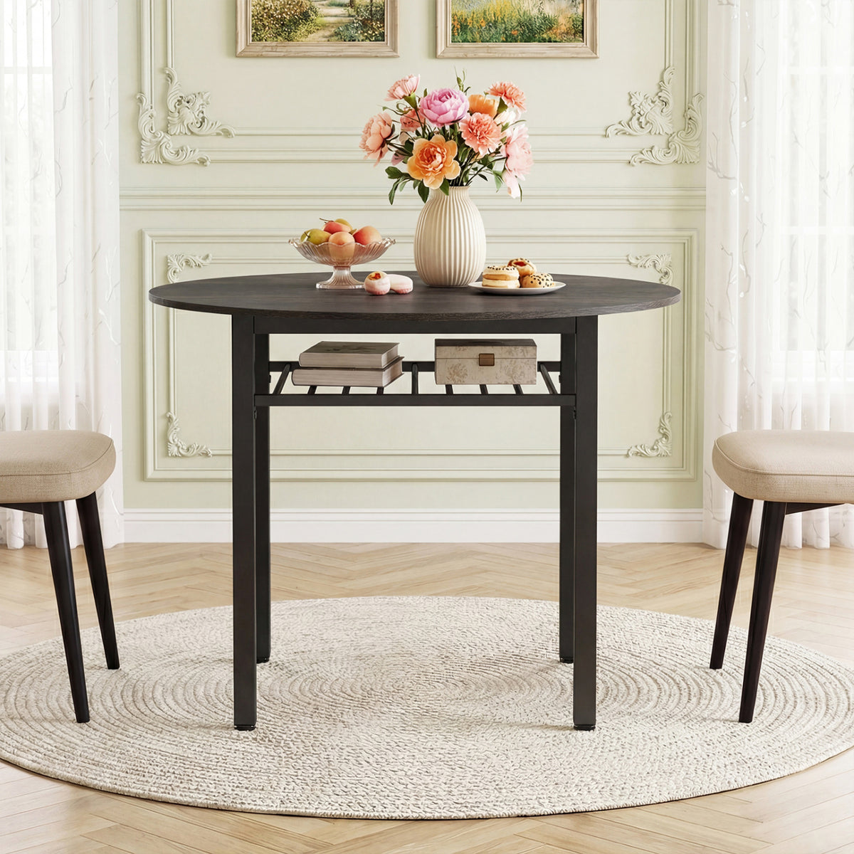 40â Round Kitchen Table with Storage Shelf and Metal Frame for 4 People