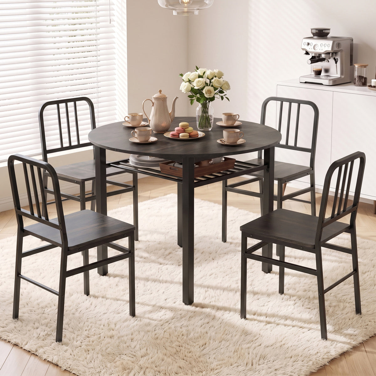 40â Round Kitchen Table with Storage Shelf and Metal Frame for 4 People