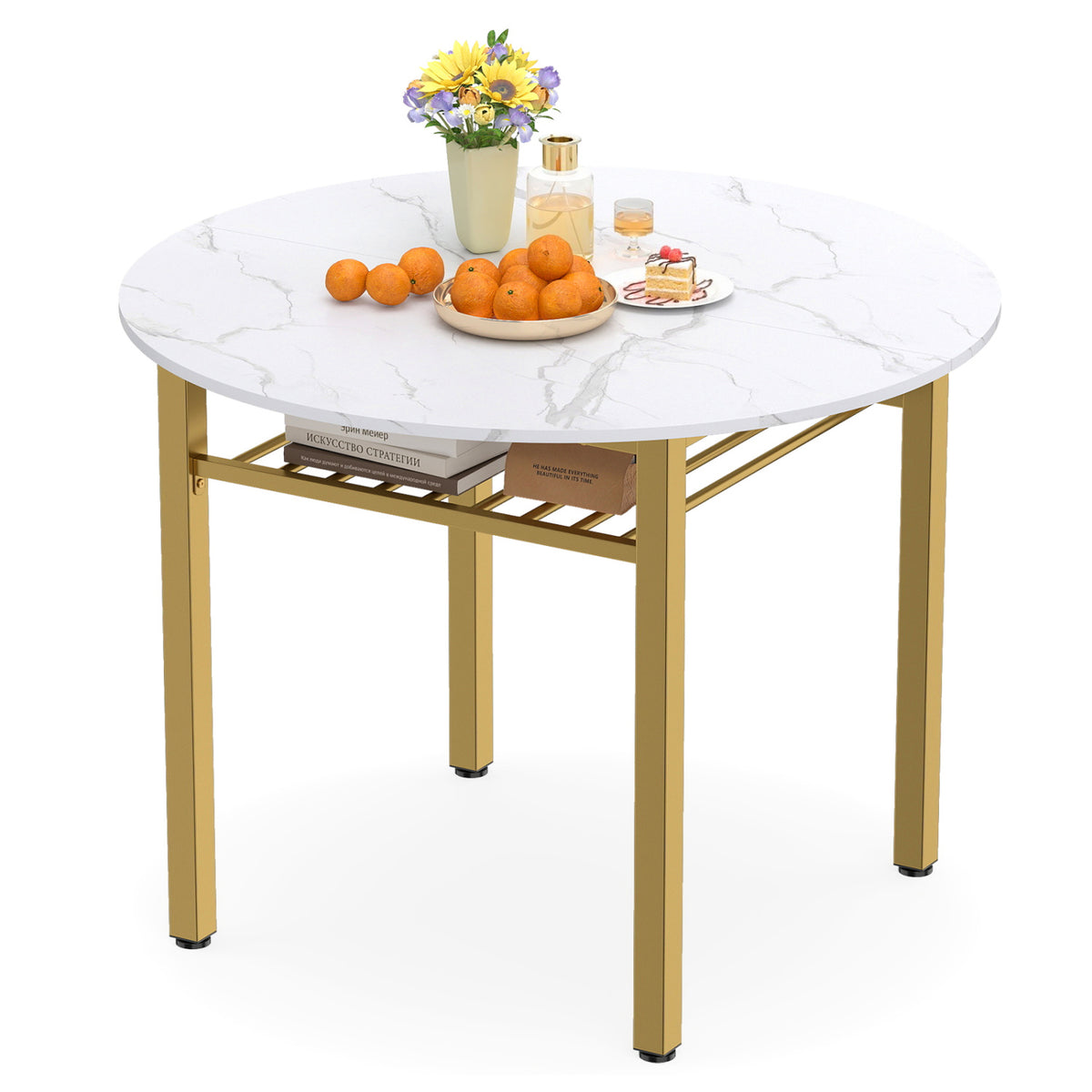 40â Round Kitchen Table with Storage Shelf and Metal Frame for 4 People