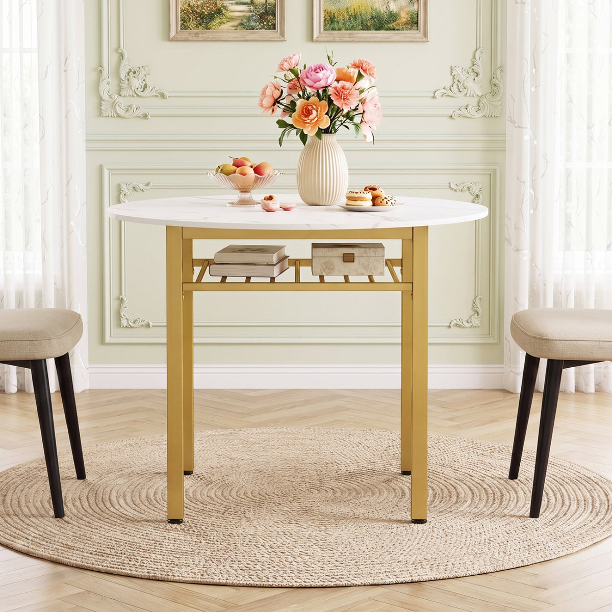 40â Round Kitchen Table with Storage Shelf and Metal Frame for 4 People