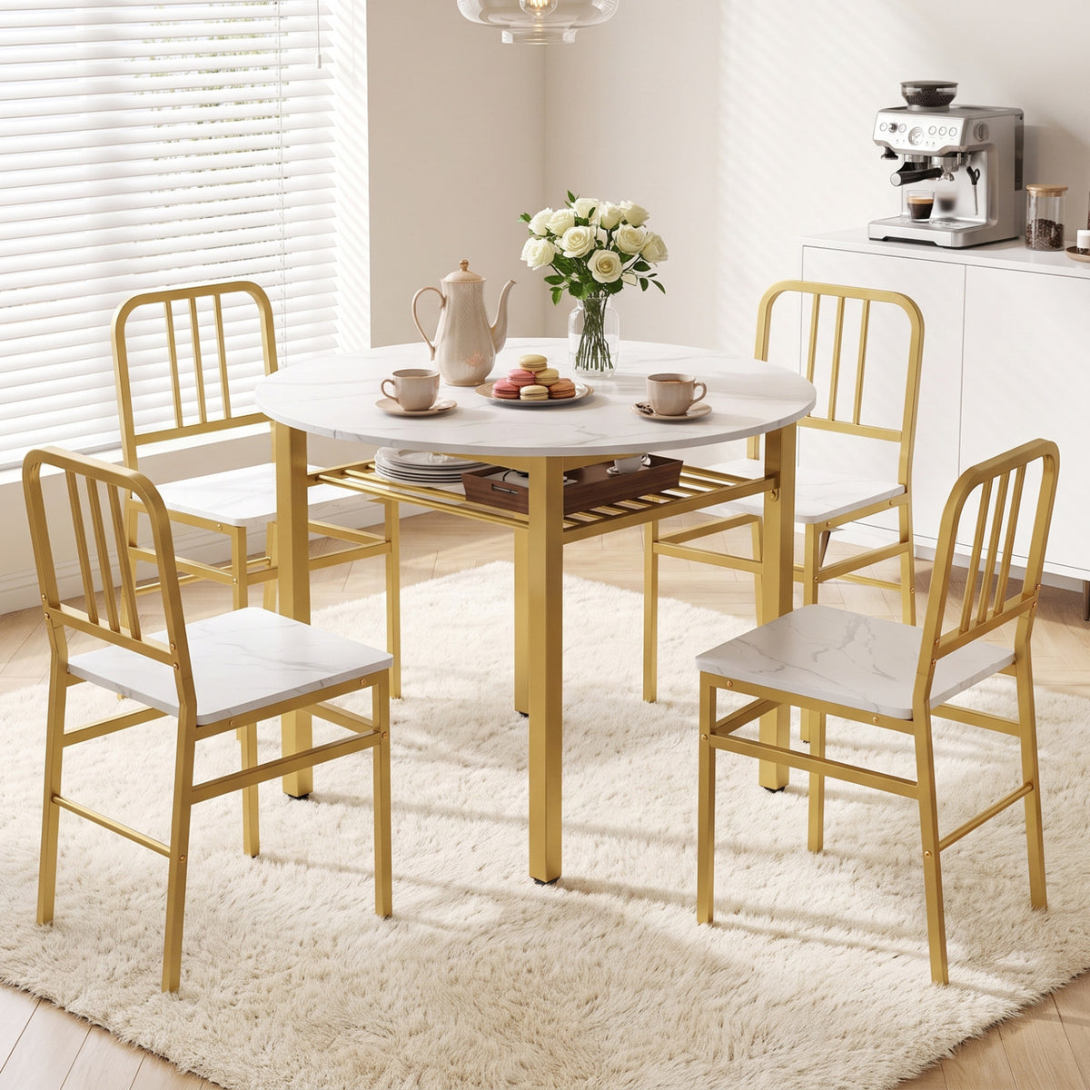 40â Round Kitchen Table with Storage Shelf and Metal Frame for 4 People