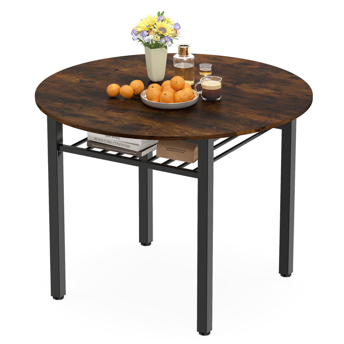 40â Round Kitchen Table with Storage Shelf and Metal Frame for 4 People