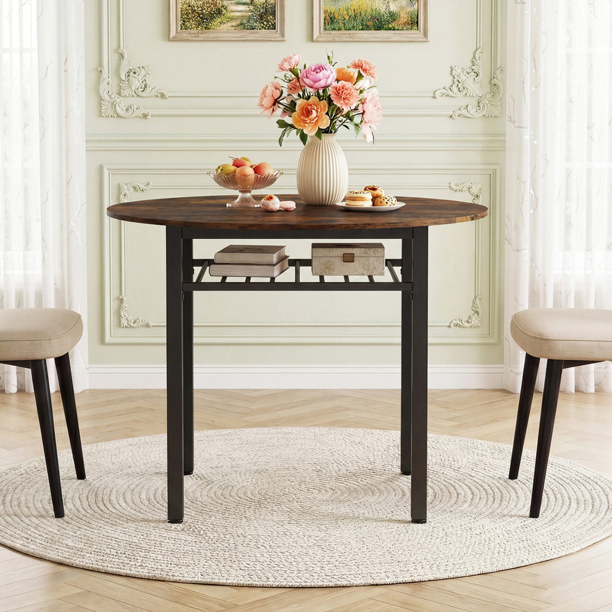 40â Round Kitchen Table with Storage Shelf and Metal Frame for 4 People