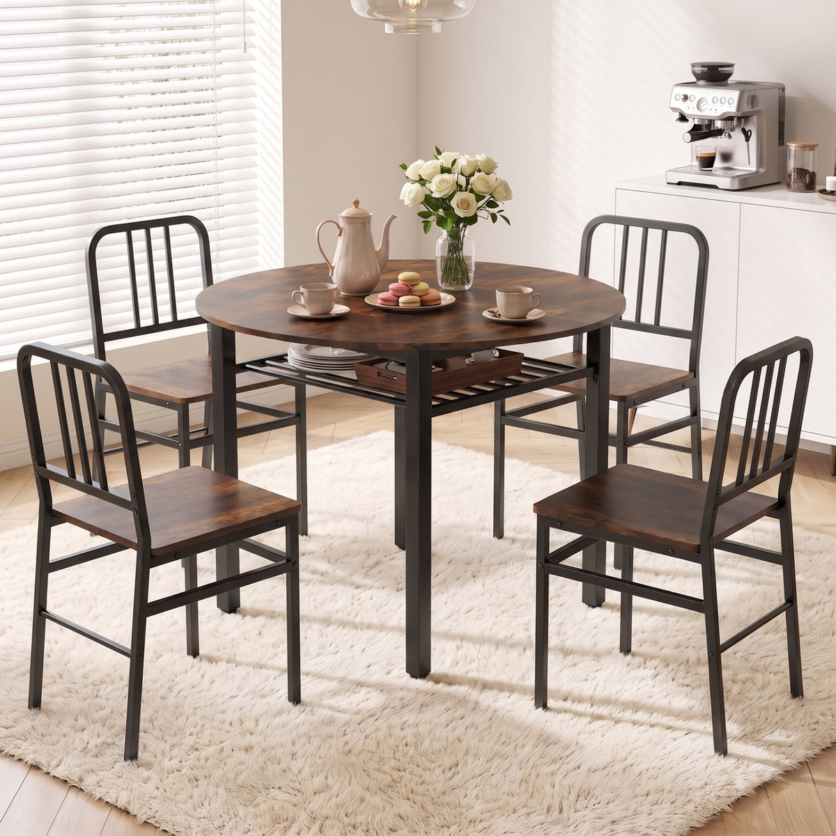 40â Round Kitchen Table with Storage Shelf and Metal Frame for 4 People