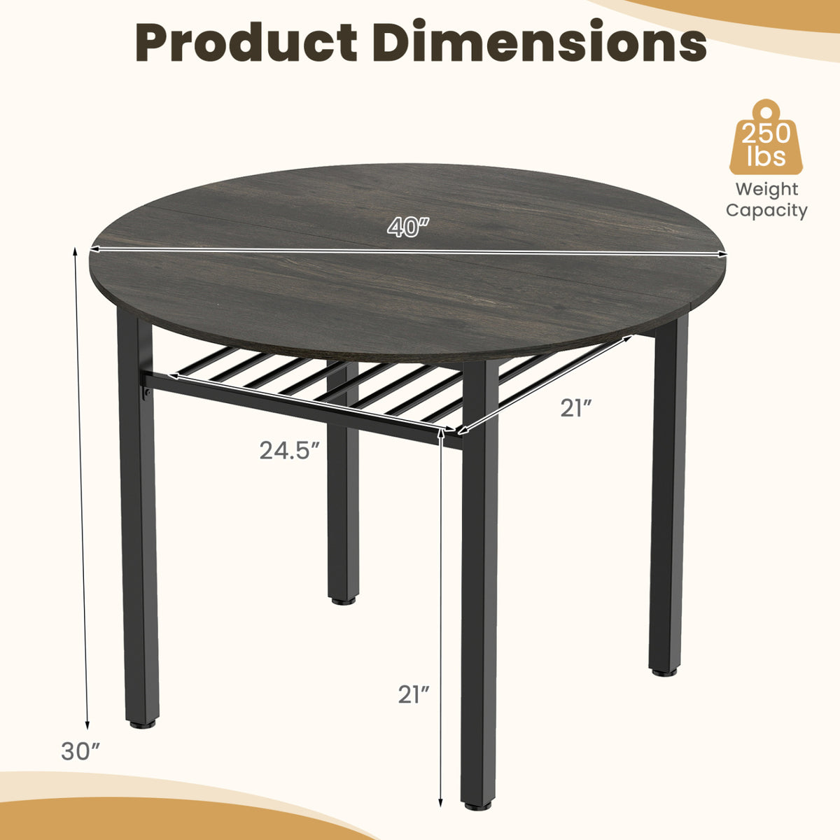 40â Round Kitchen Table with Storage Shelf and Metal Frame for 4 People