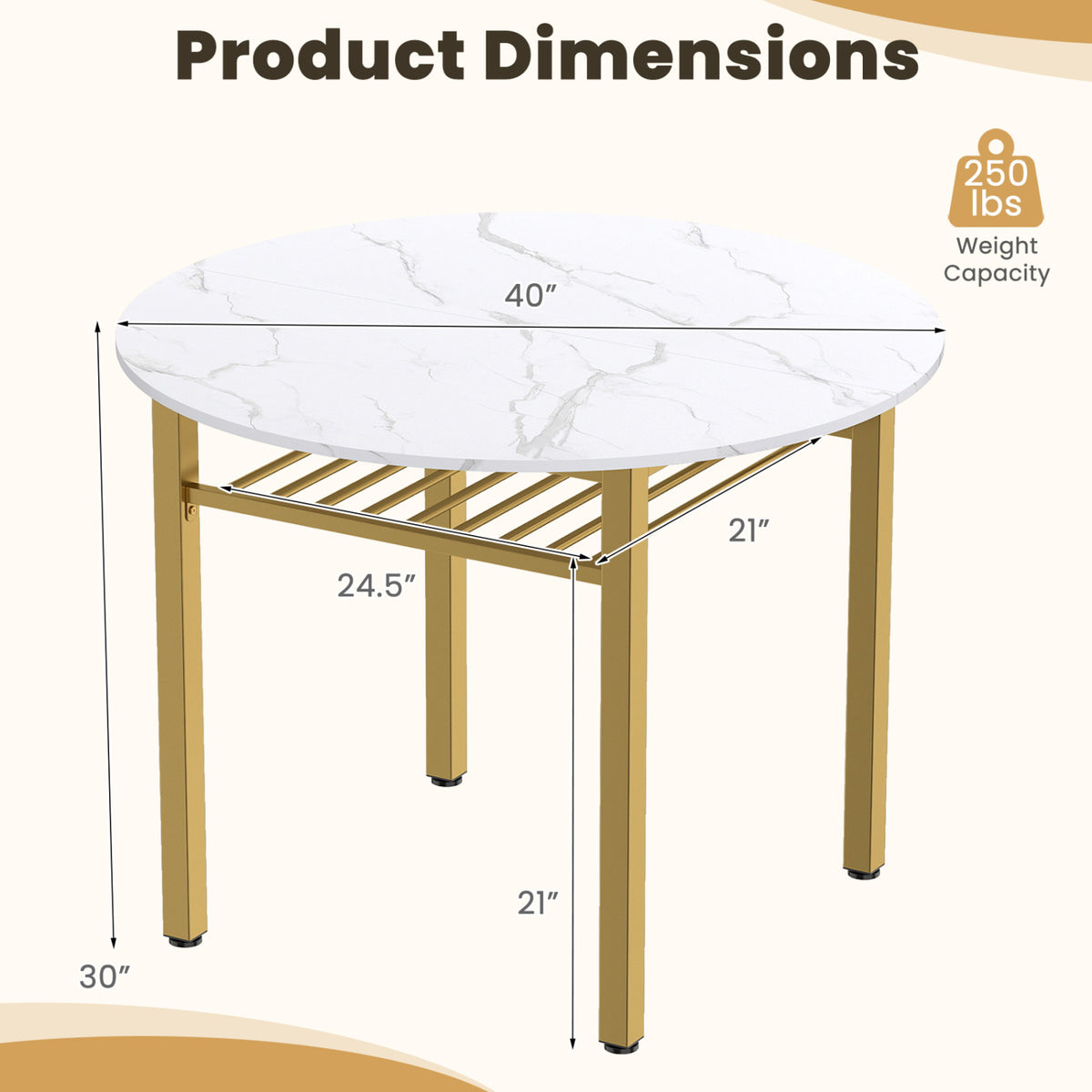 40â Round Kitchen Table with Storage Shelf and Metal Frame for 4 People