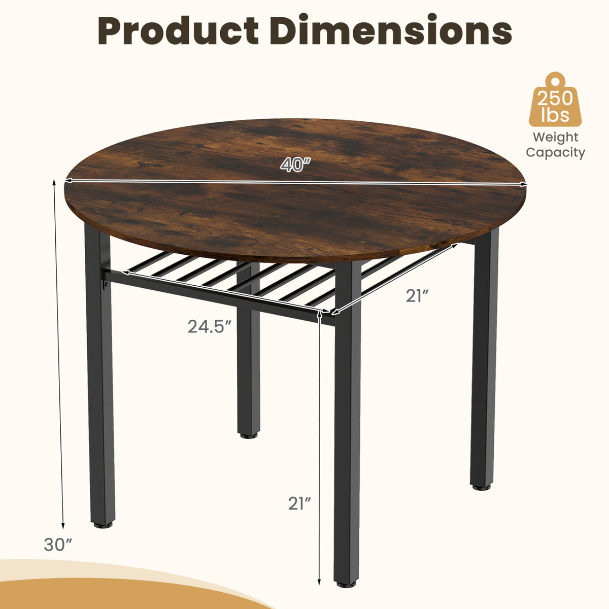 40â Round Kitchen Table with Storage Shelf and Metal Frame for 4 People