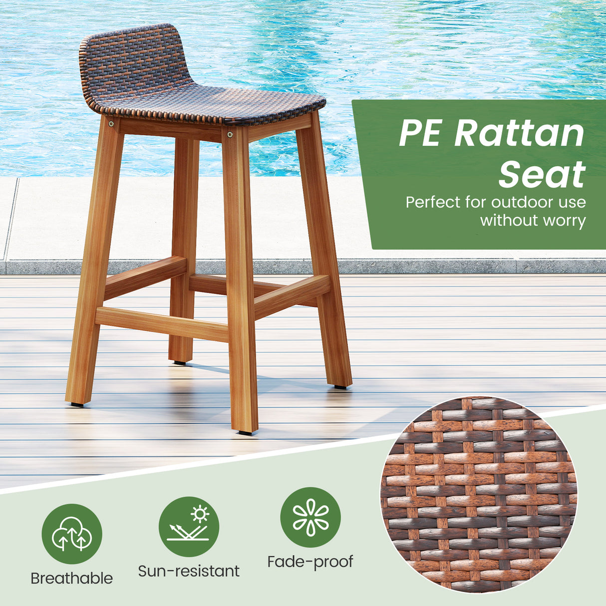 Solid Acacia Wood Bar Stools Set of 2 with Backrests and Footrests for Porch