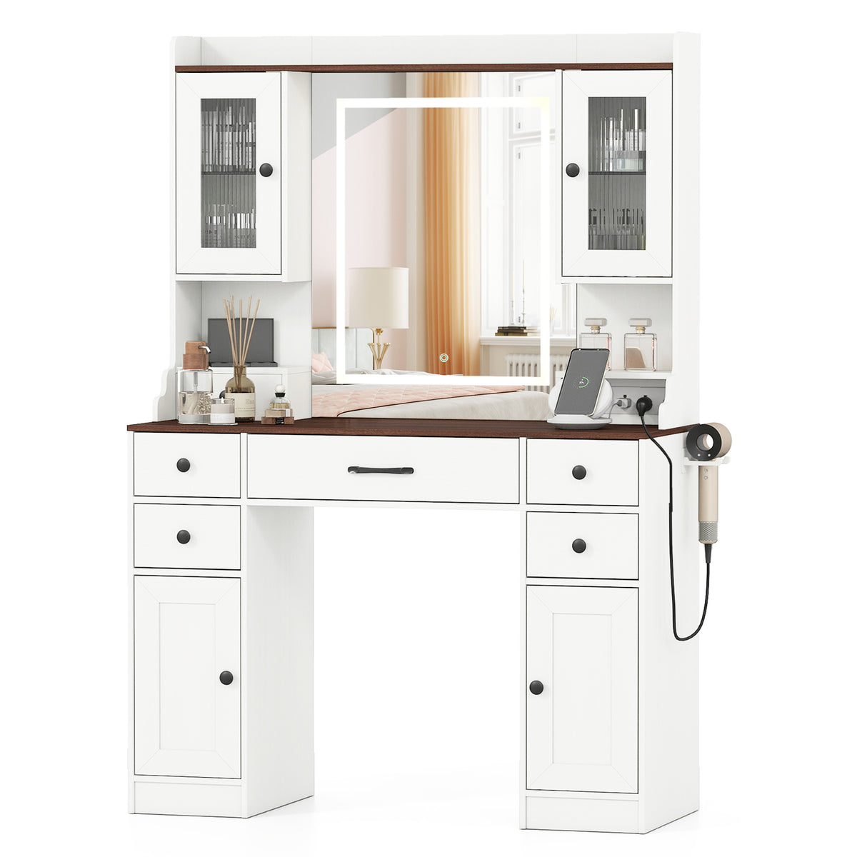 41.5 Inch Makeup Dressing Table with Power Outlets and 3 Color Lighting Modes-White+