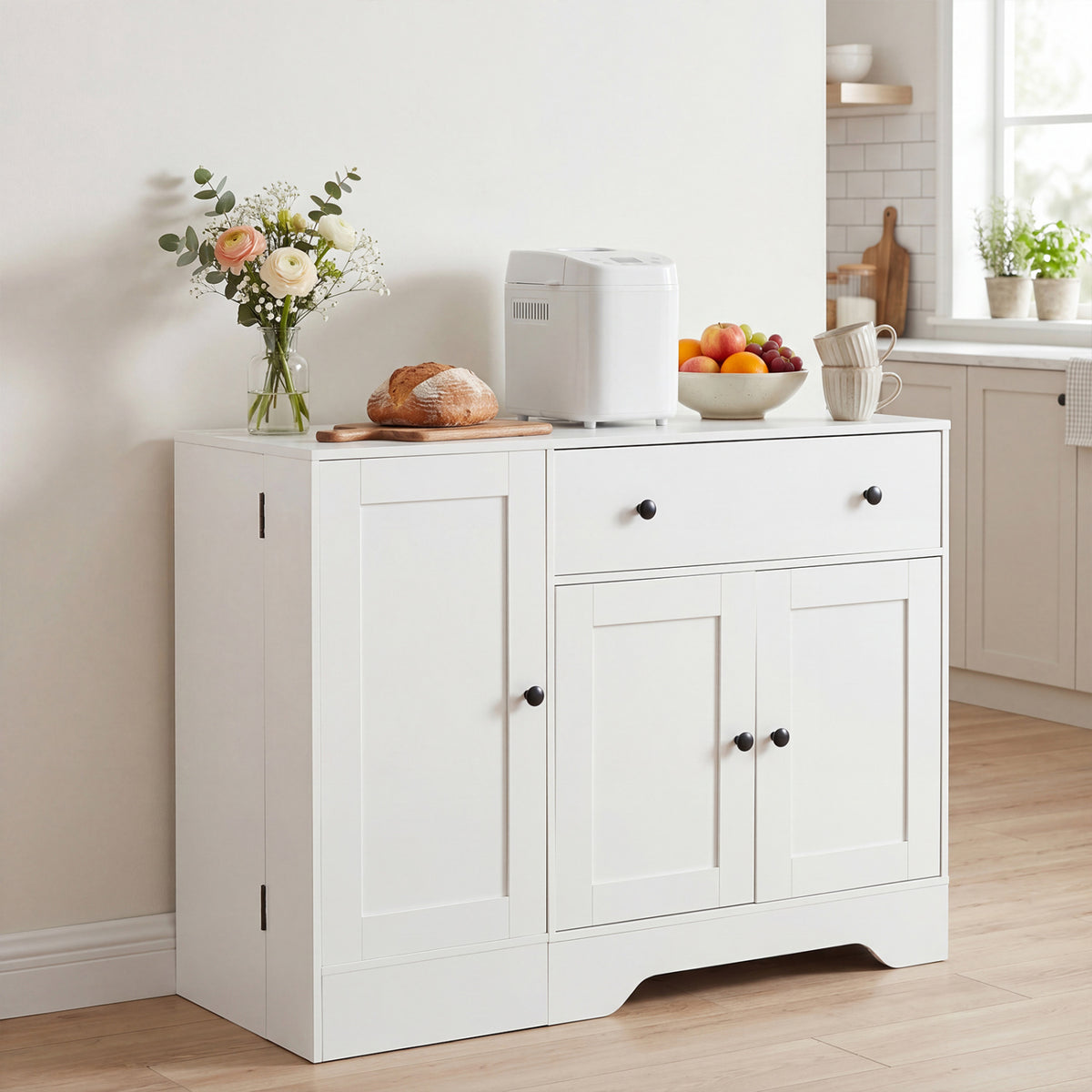 41.5â Modern Coffee Bar Cabinet with 3 Doors and Rolling Wheel-White