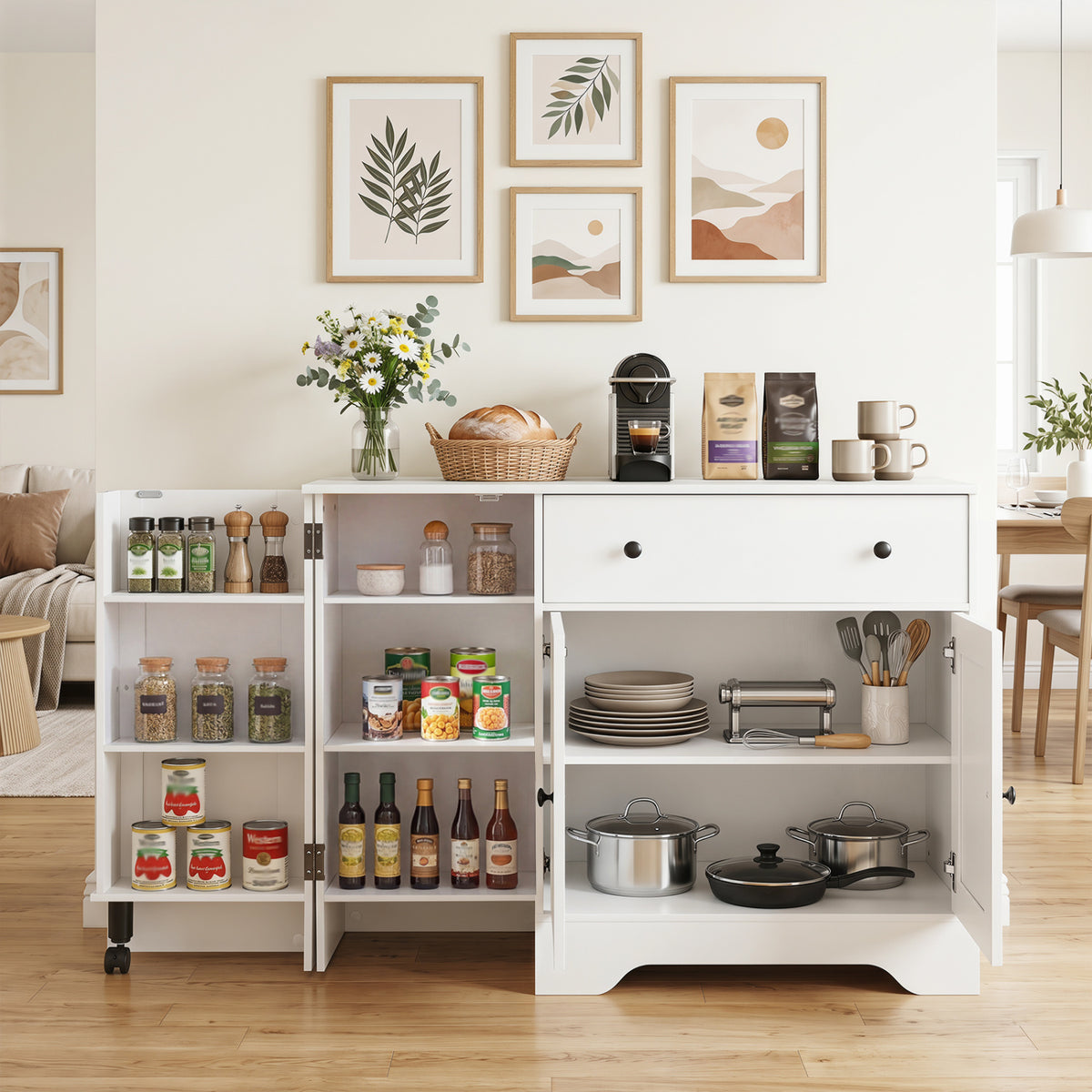 41.5â Modern Coffee Bar Cabinet with 3 Doors and Rolling Wheel-White