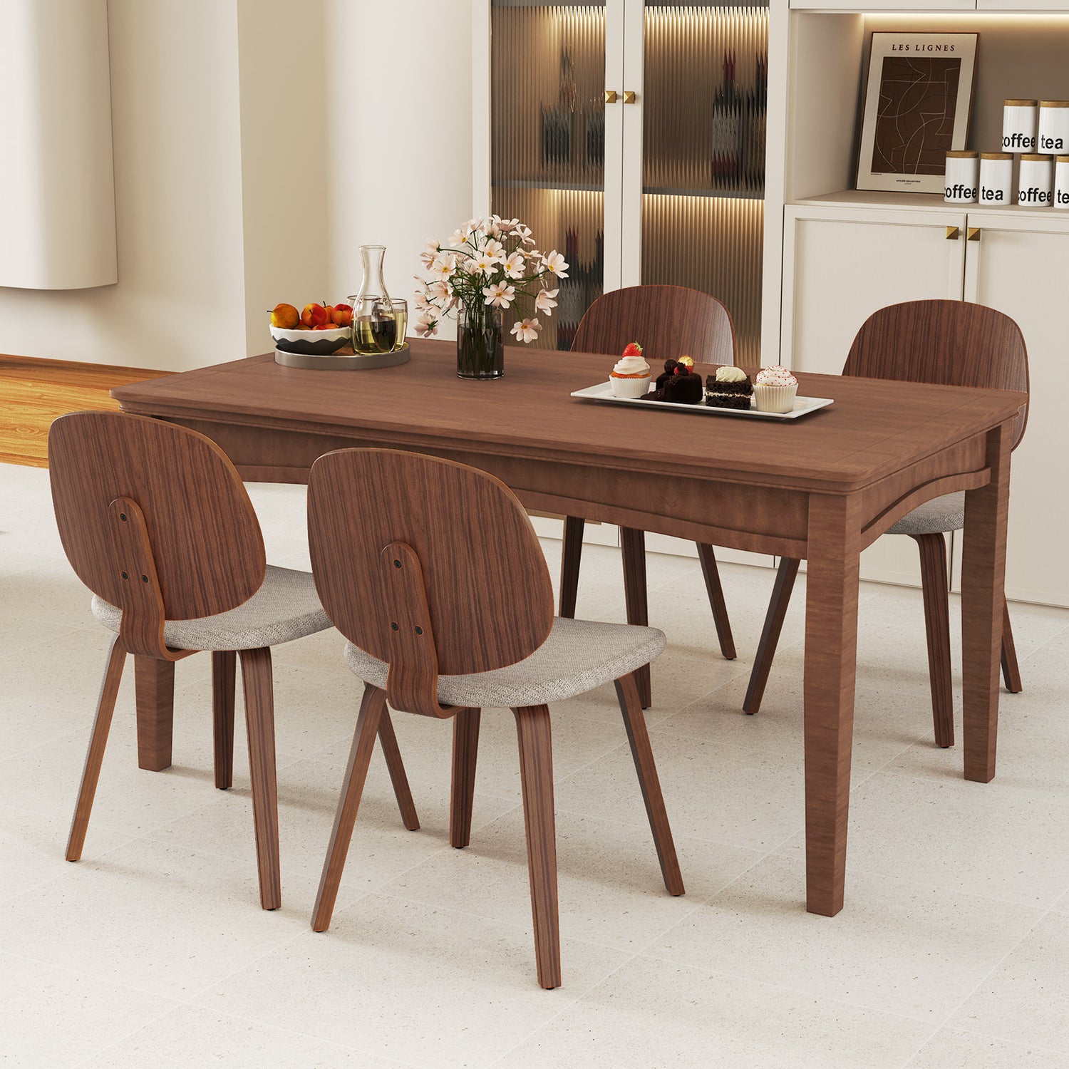 Wooden Dining Chair Set of 2 with Bentwood Frame and Padded Seat-Walnut
