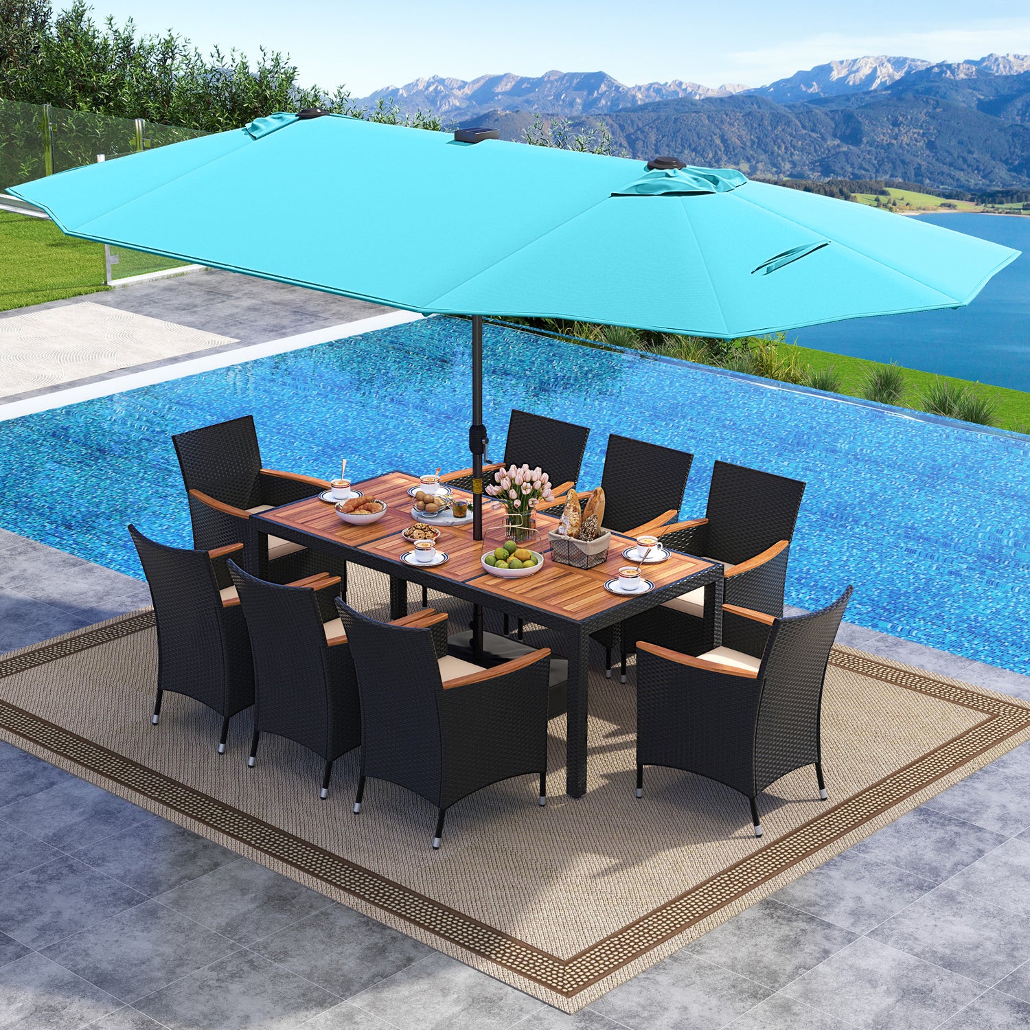 11 Pieces Patio Dining Set with LED Patio Umbrella with Base and Seat Cushions (Beige)