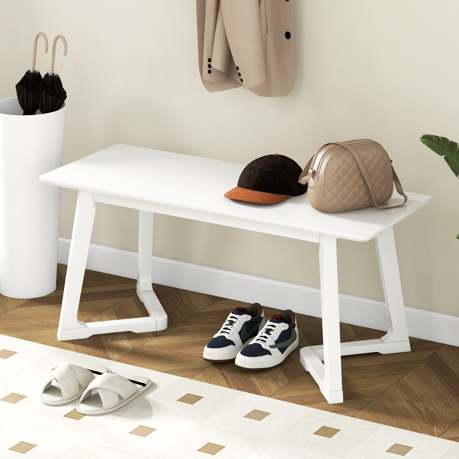 42 Inch Modern Entryway Bench Long Dining Bench with Rubber Wood Legs-White