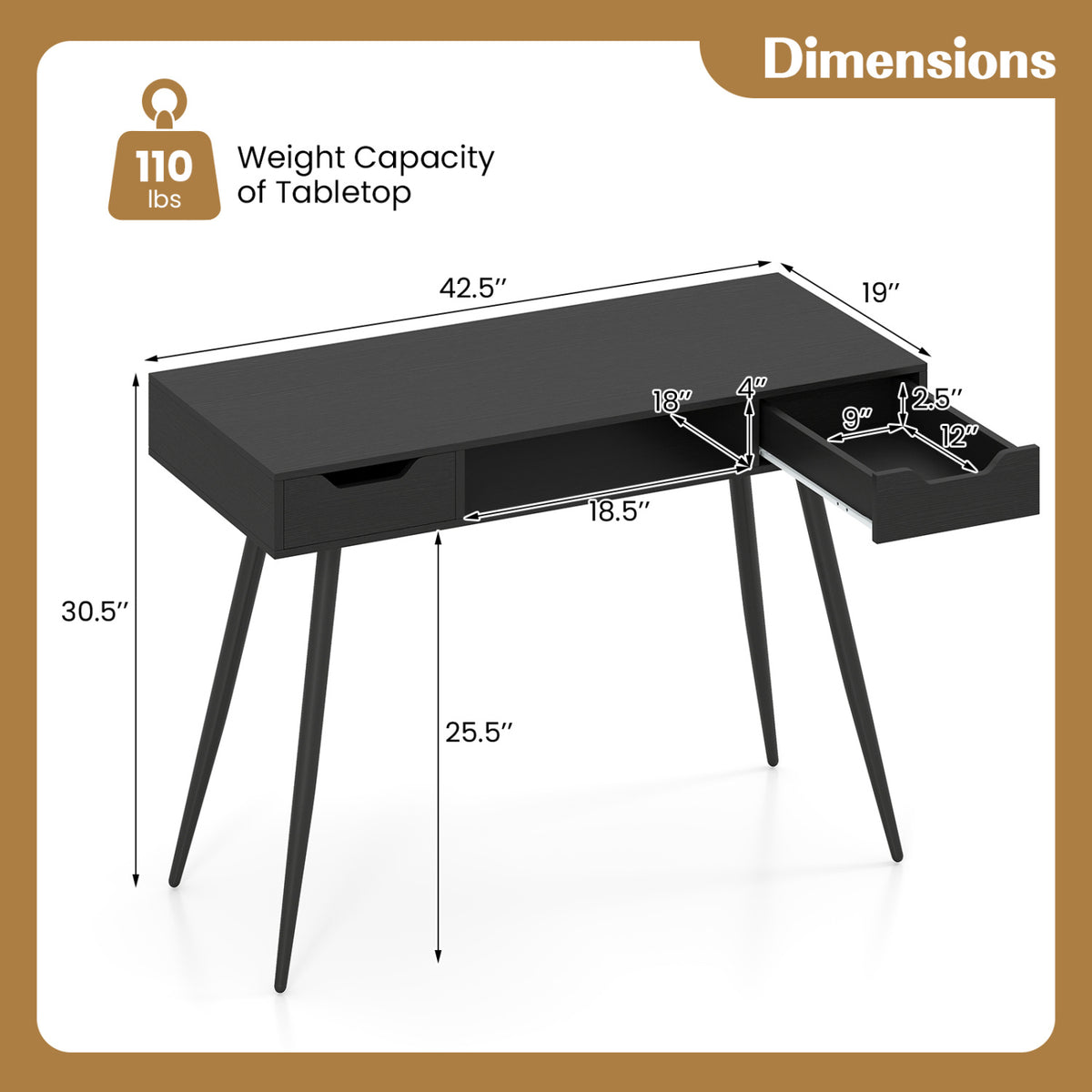 42.5" Mid Century Modern Writing Desk with Metal Leg and Drawers