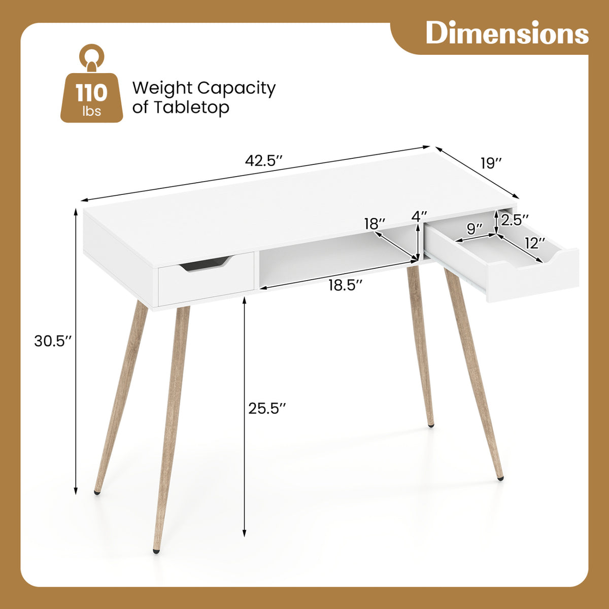42.5" Mid Century Modern Writing Desk with Metal Leg and Drawers