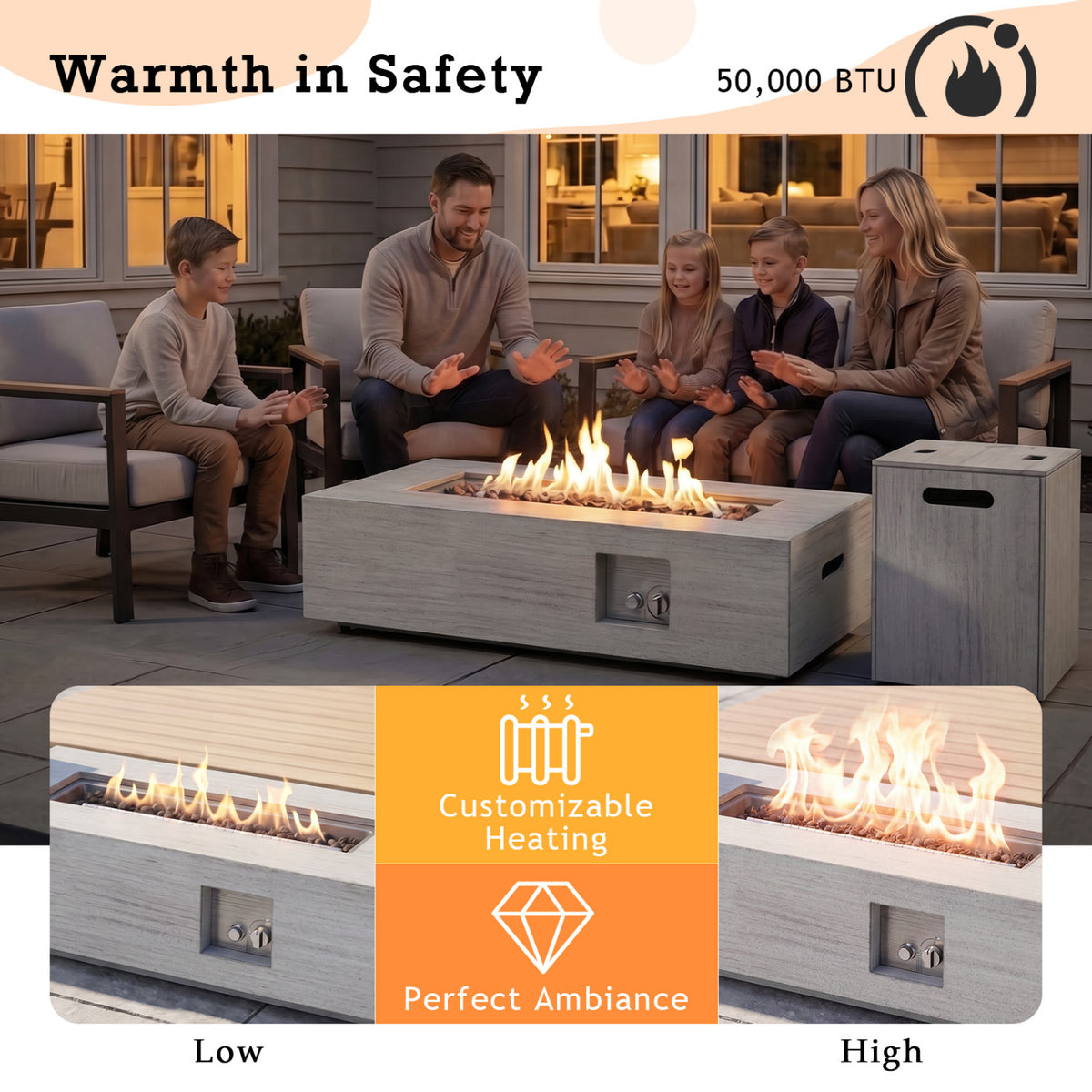 50 000 BTU Outdoor Rectangular Fire Table with Tank Holder