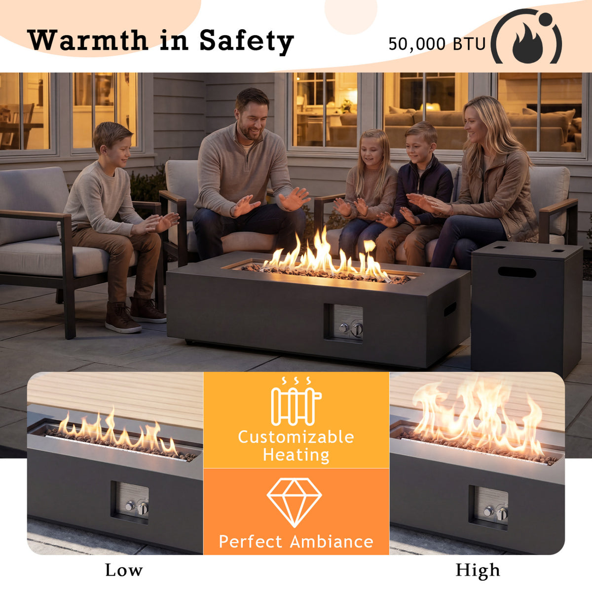 50 000 BTU Outdoor Rectangular Fire Table with Tank Holder