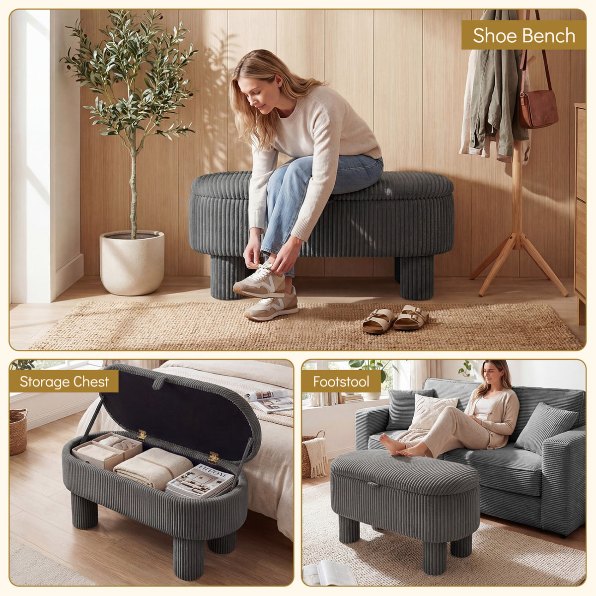 Storage Ottoman Bench Corduroy Fabric Upholstered Foot Stool