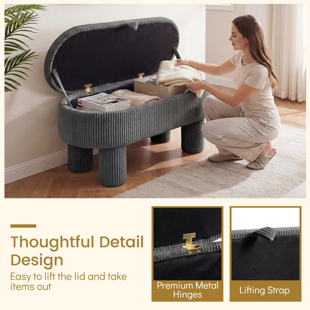 Storage Ottoman Bench Corduroy Fabric Upholstered Foot Stool