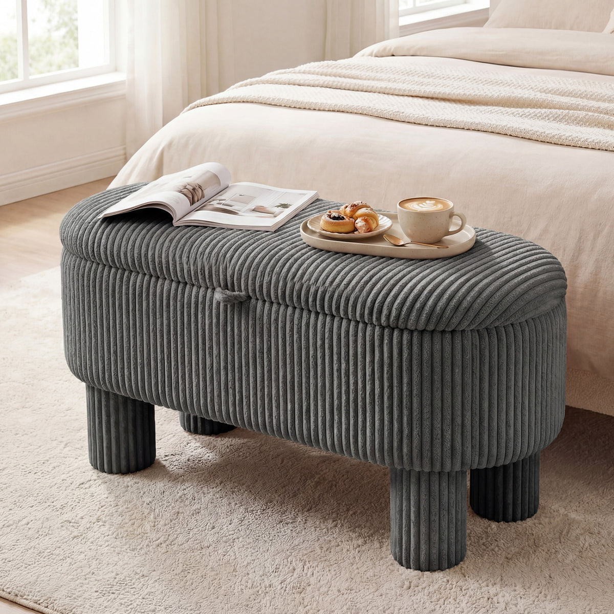 Storage Ottoman Bench Corduroy Fabric Upholstered Foot Stool