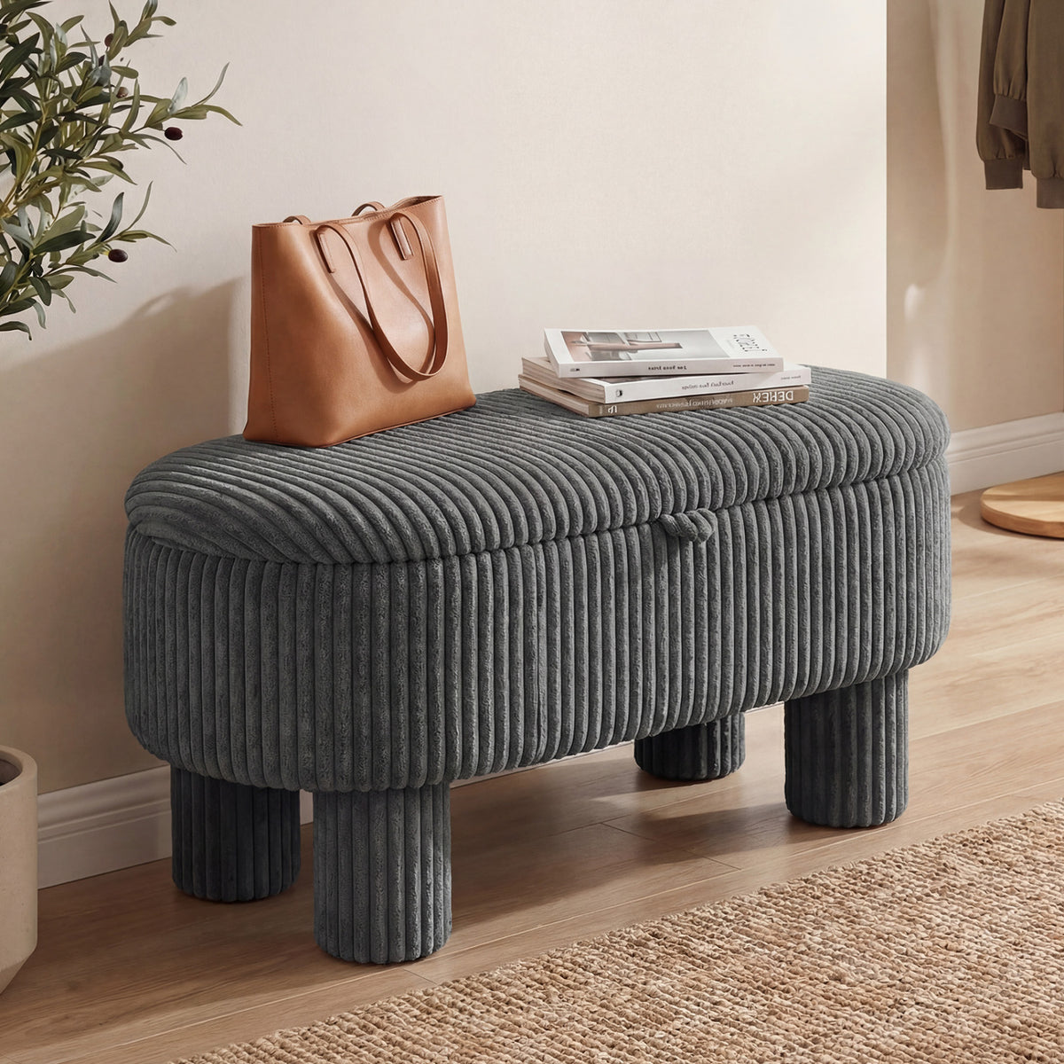 Storage Ottoman Bench Corduroy Fabric Upholstered Foot Stool