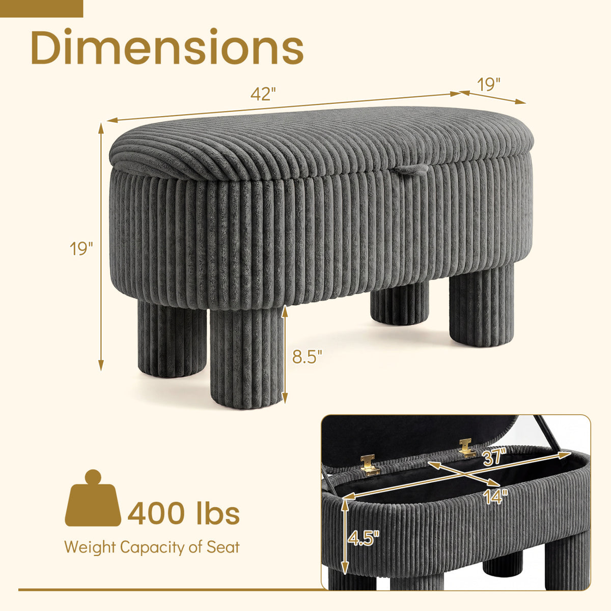 Storage Ottoman Bench Corduroy Fabric Upholstered Foot Stool