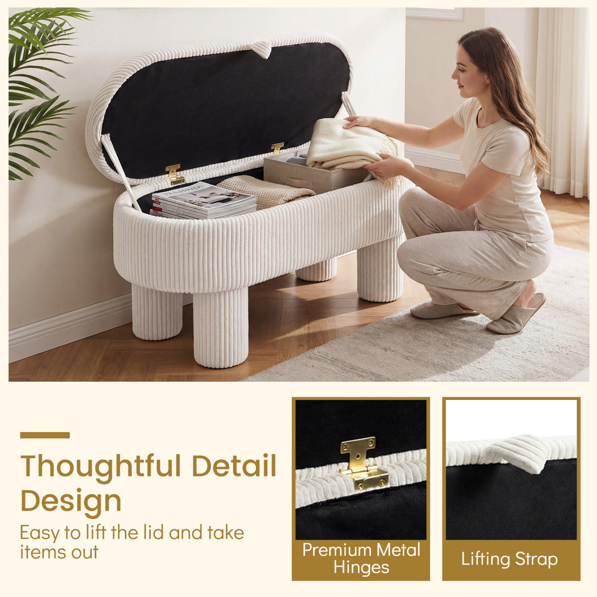 Storage Ottoman Bench Corduroy Fabric Upholstered Foot Stool