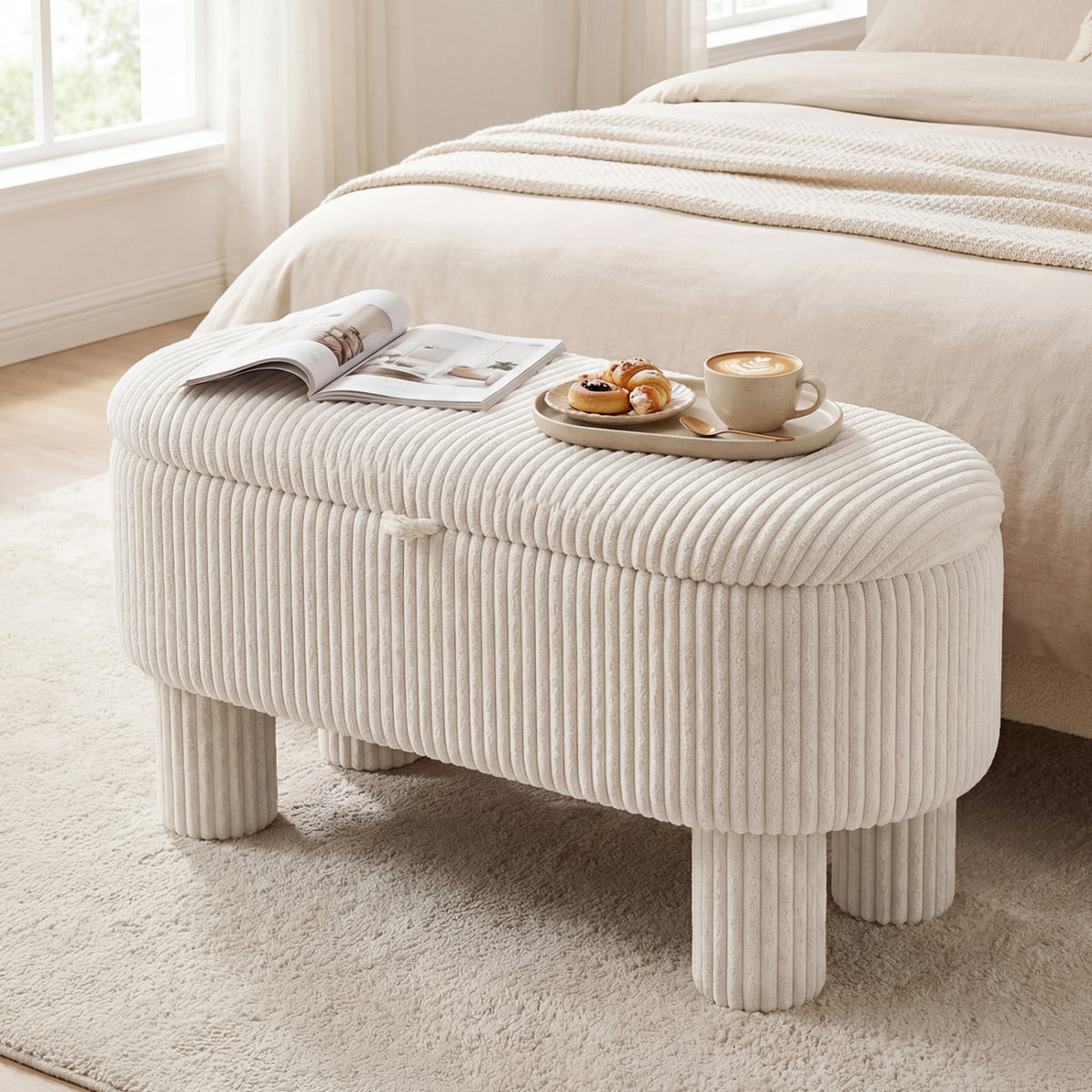Storage Ottoman Bench Corduroy Fabric Upholstered Foot Stool