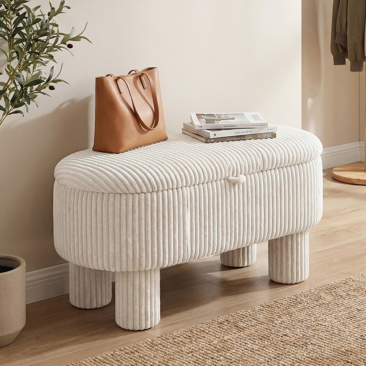 Storage Ottoman Bench Corduroy Fabric Upholstered Foot Stool
