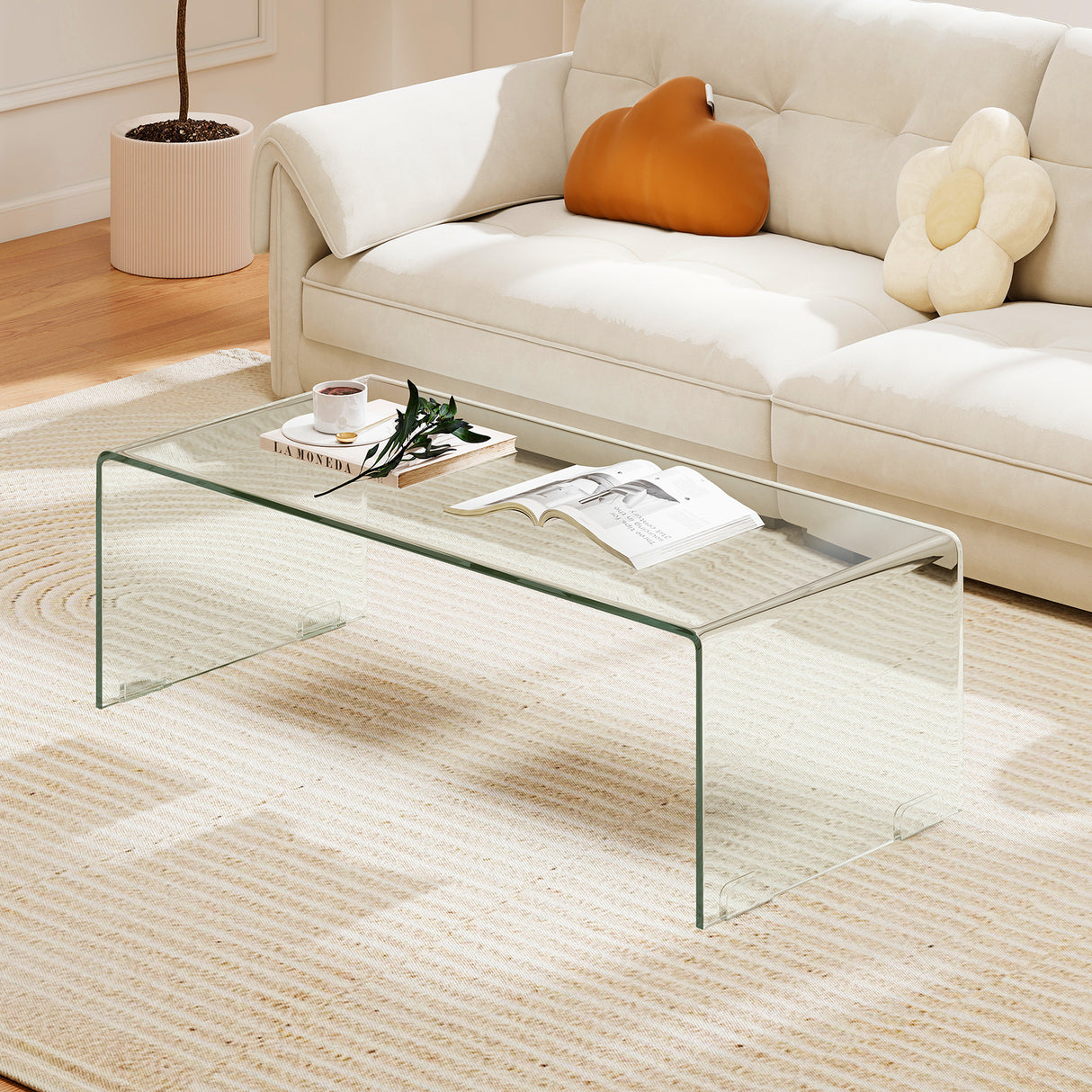 42 x 19.7 Inch Clear Tempered Glass Coffee Table with Rounded Edges-Transparent